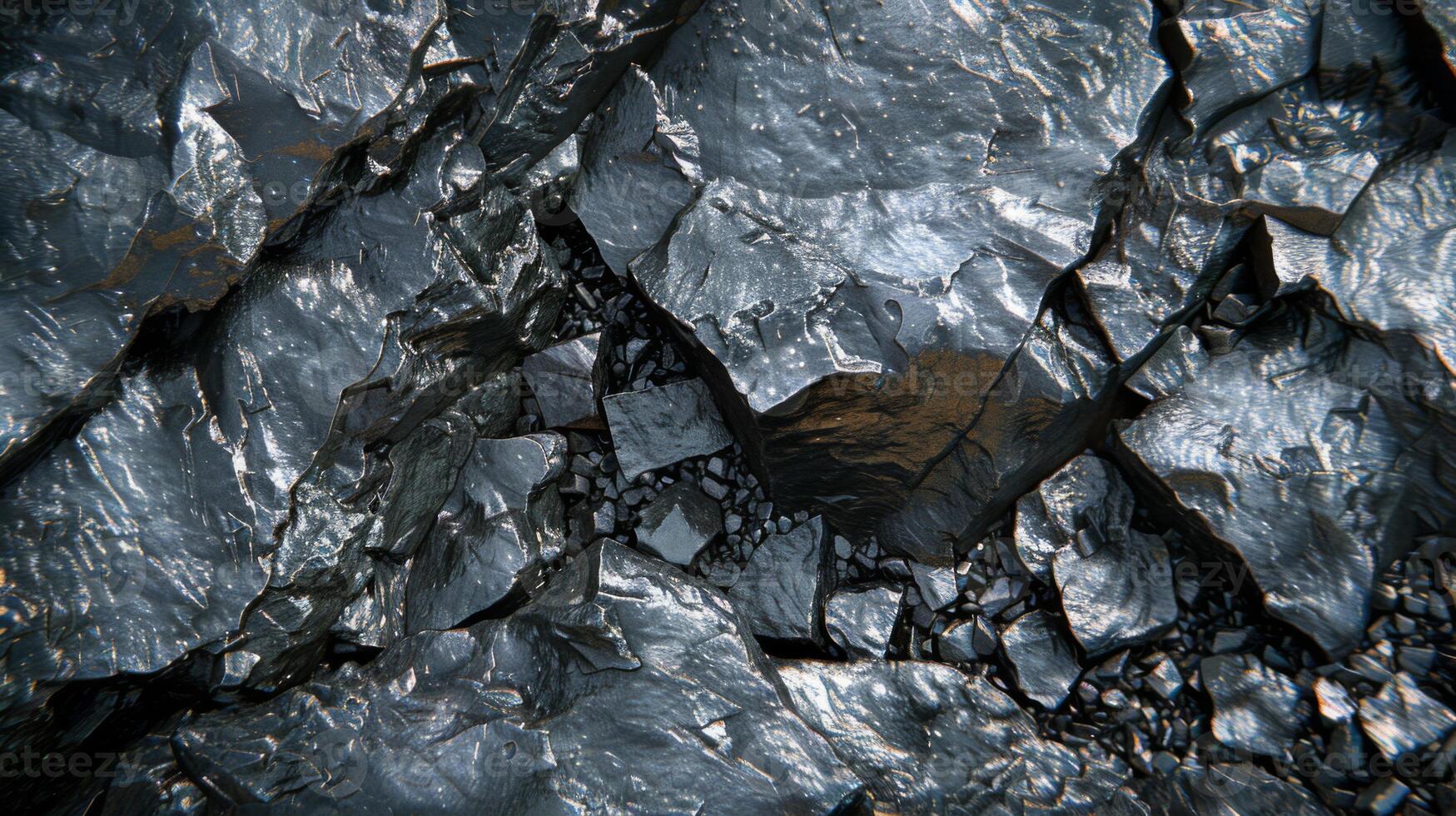 A detailed view of shiny black rocks interspersed with fine gravel showcases the intricate textures and patterns in a natural environment during daylight. photo