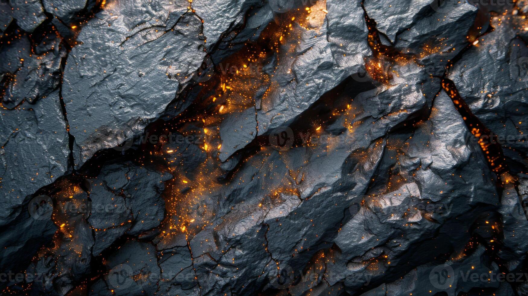 Volcanic rock displays a rough surface with glowing embers illuminating cracks, creating a dynamic texture in a dark landscape during nighttime. photo