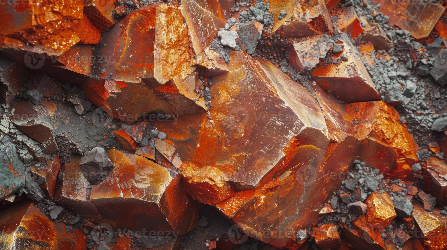Deep orange and reddish mineral formations create a striking visual contrast with the surrounding rocky terrain. Sunlight enhances the vibrant colors and textures of the minerals. photo