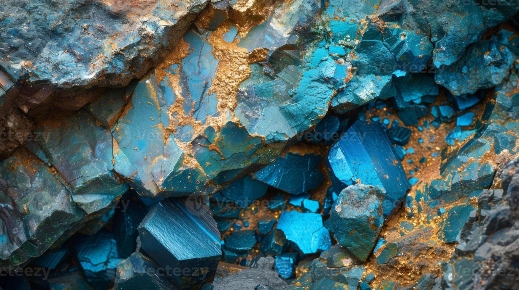 Vivid turquoise and gold mineral formations highlight the unique geological features of this rocky area, revealing a stunning display of colors and textures in natural surroundings. photo