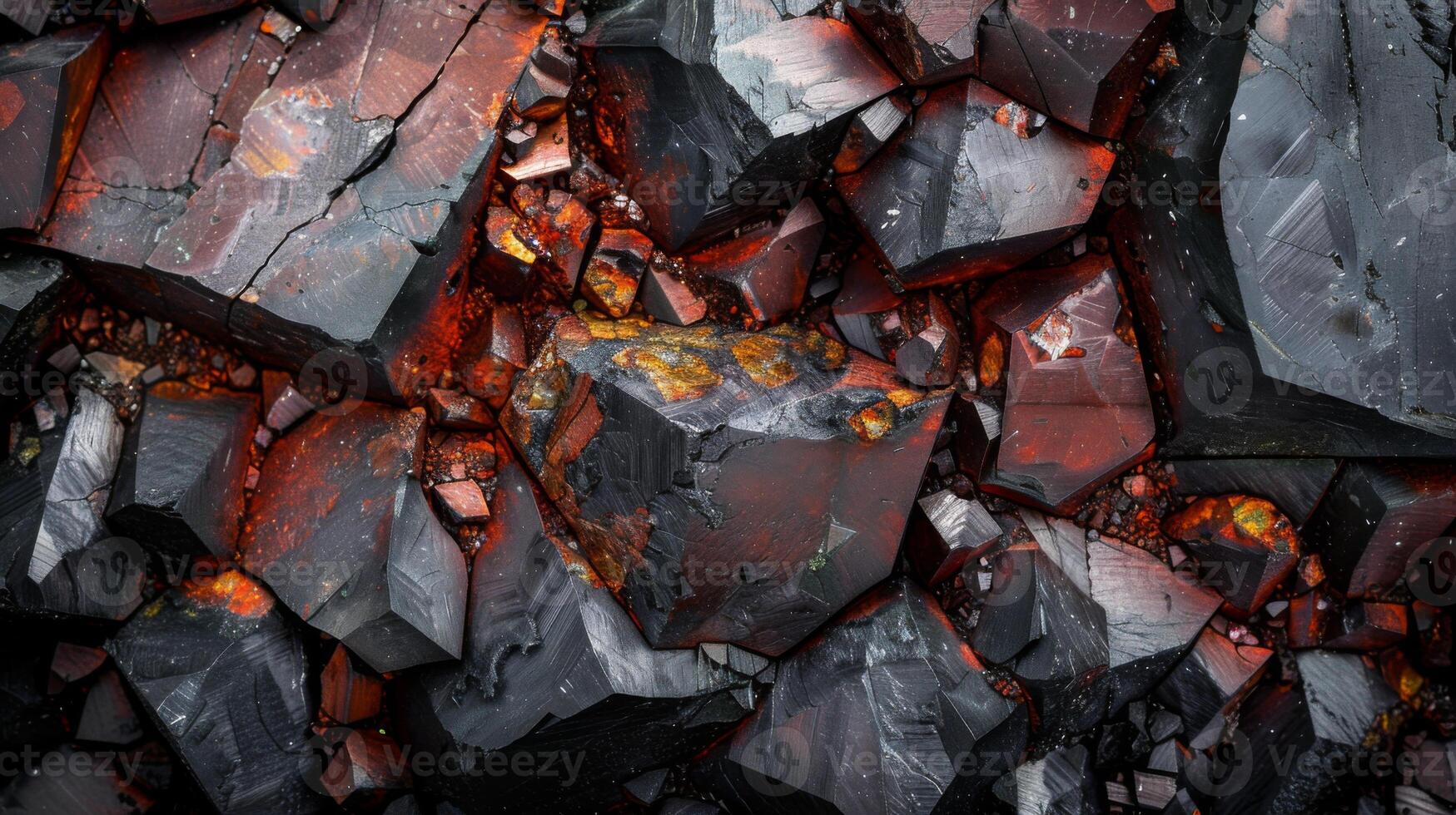 Textured volcanic rocks with deep black and reddish hues create a striking visual. The variations in the surface highlight the unique geological processes at play. photo