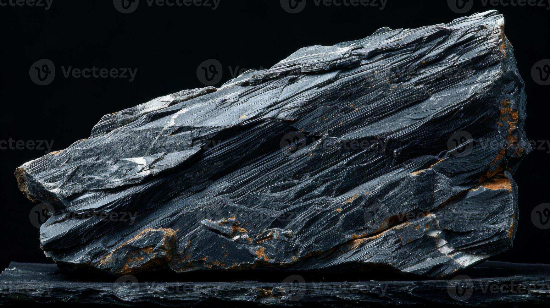 A dark schist rock displays its shiny, layered structure, showcasing unique textures and mineral formations that highlight its geological characteristics. photo