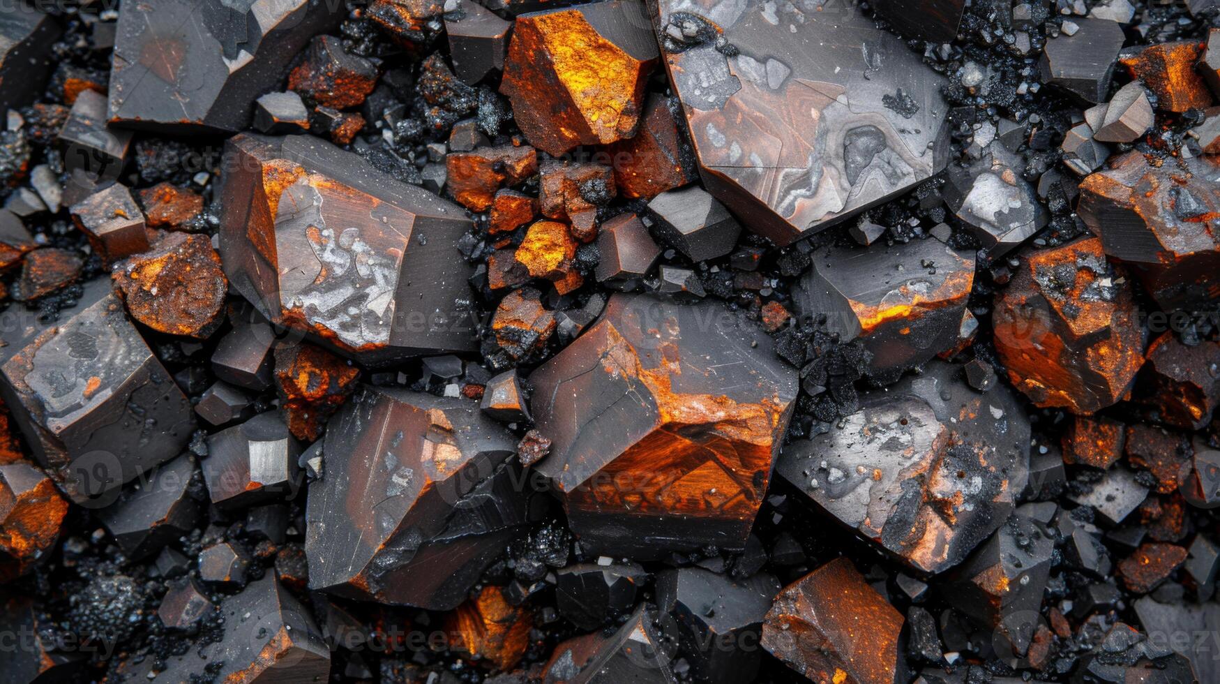 Vibrant black and orange mineral formations are spread across rocky ground, reflecting natural light and showcasing intricate textures and colors in a striking display. photo