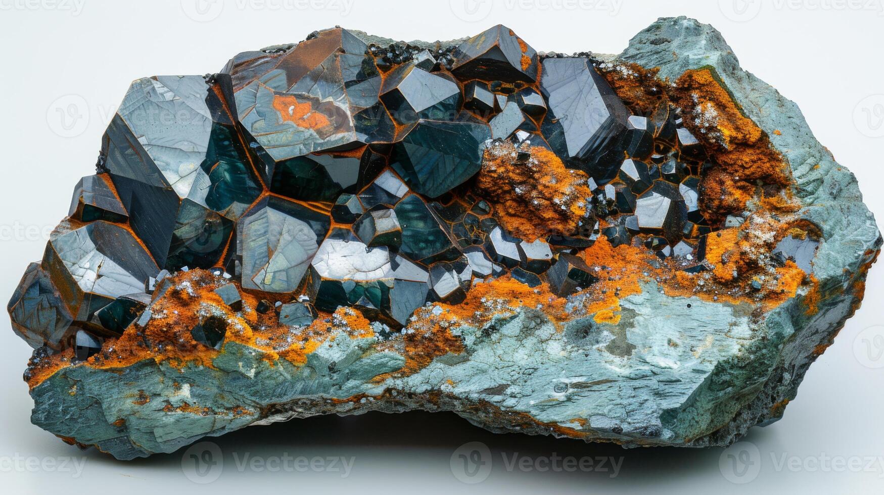 This striking mineral specimen features sharp crystal formations in shades of gray, orange, and black, highlighting the beauty of natural geology and the Earth's resources. photo