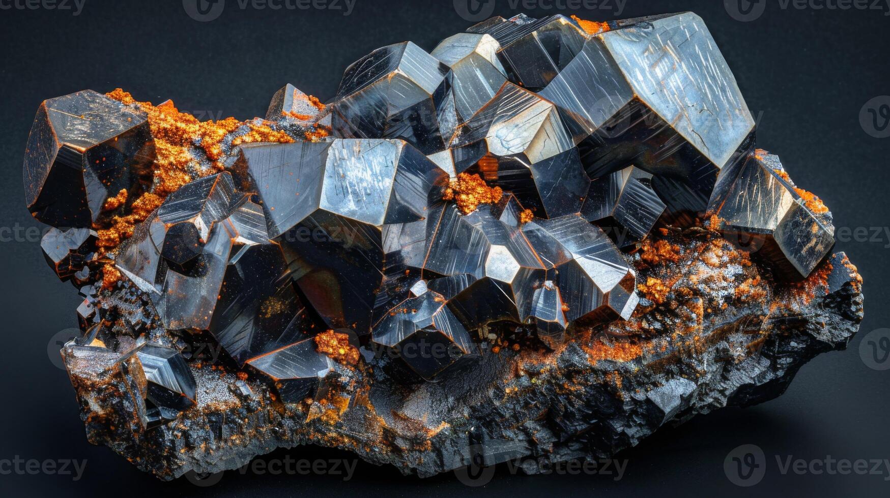 A striking black crystal cluster displays sharp geometric shapes and glimmers against a dark surface, revealing the fascinating complexities of mineral formations in nature. photo