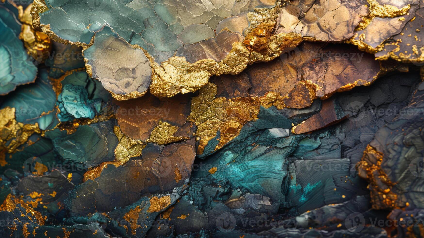 Detailed view of mineral textures reveals an interplay of turquoise, gold, and brown tones with intricate patterns created by natural processes over time. photo