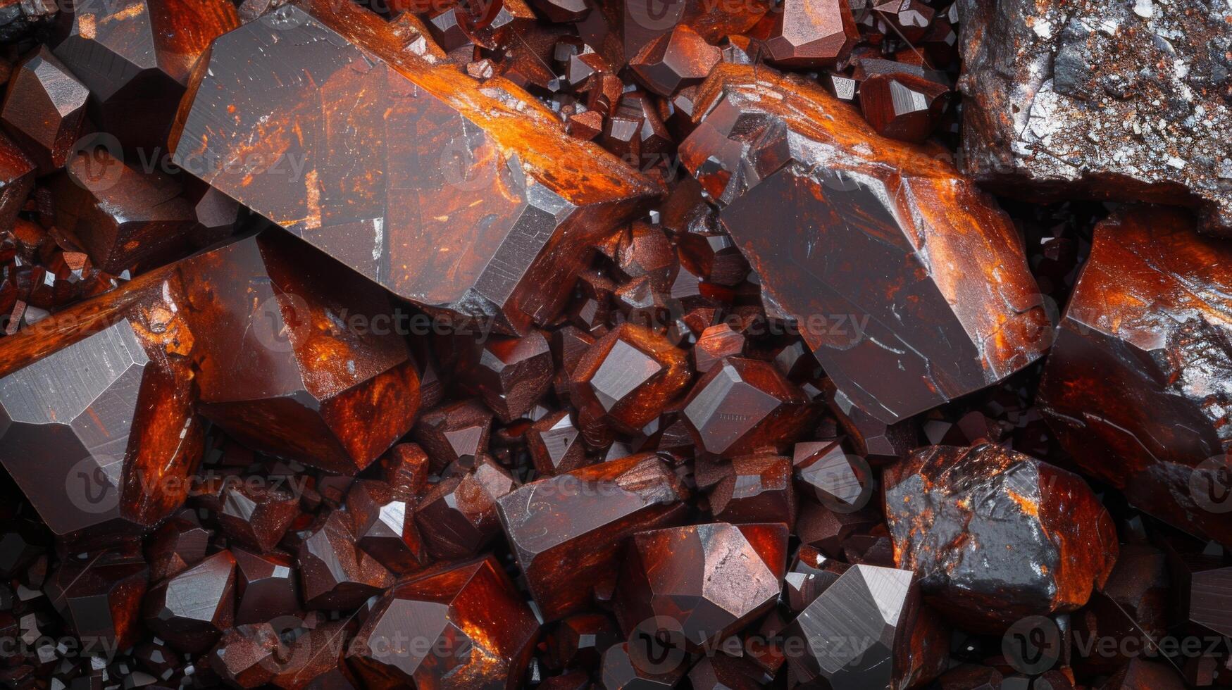 A striking arrangement of garnet crystals reveals their deep red coloration and intricate structures, highlighting the beauty of natural geology in a detailed view. photo