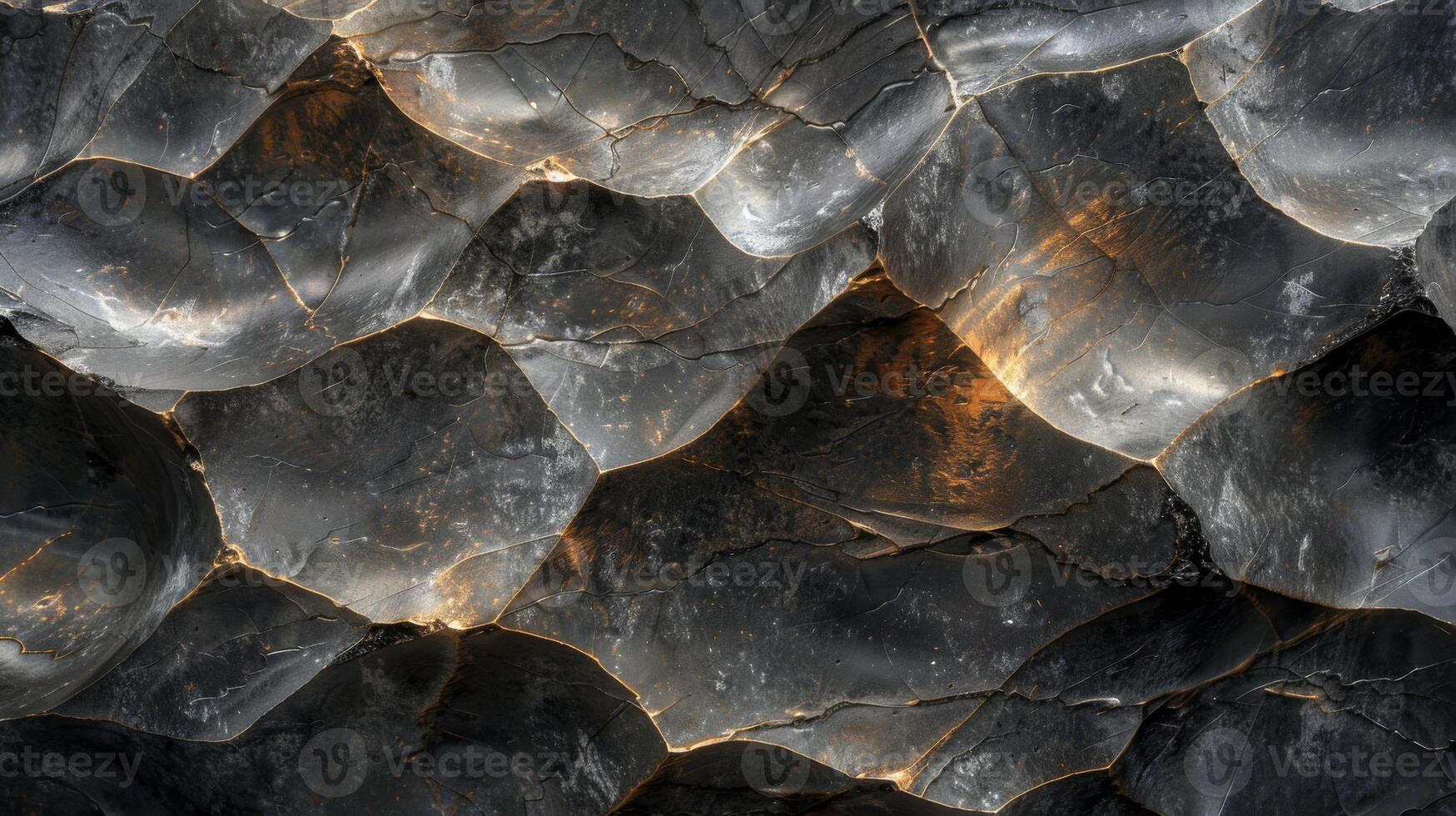 A close up of a dark rock surface reveals unique textures and patterns that are enhanced by natural light, emphasizing the mineral formations and geological details present in the material. photo