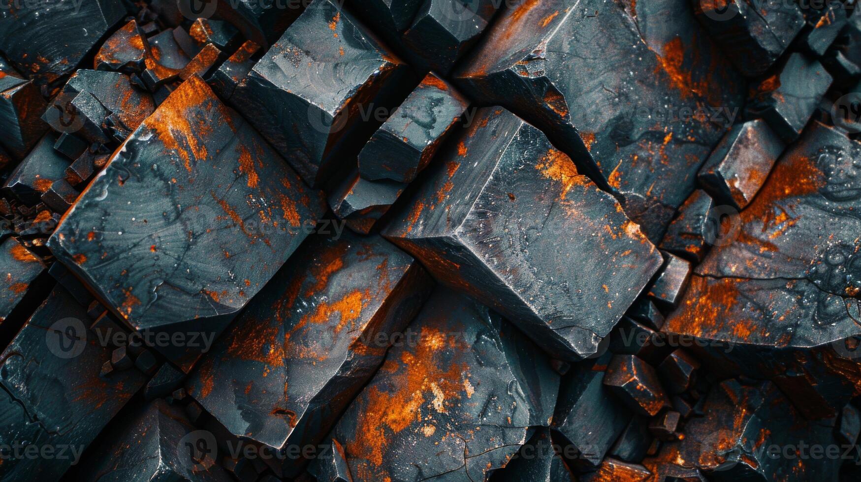 Rich in color and texture, the close up features bold orange and dark mineral blocks stacked intricately, revealing their unique crystalline structure illuminated by light. photo
