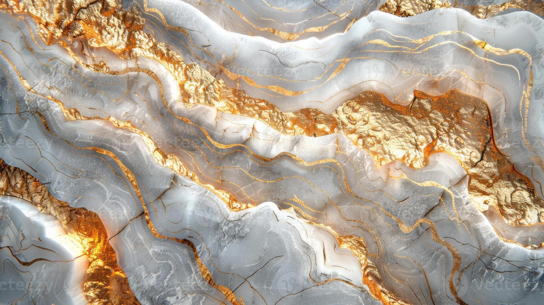Organic waves of white minerals interlaced with rich gold tones create a captivating abstract design, showcasing natural beauty and intricate details in a mesmerizing arrangement. photo