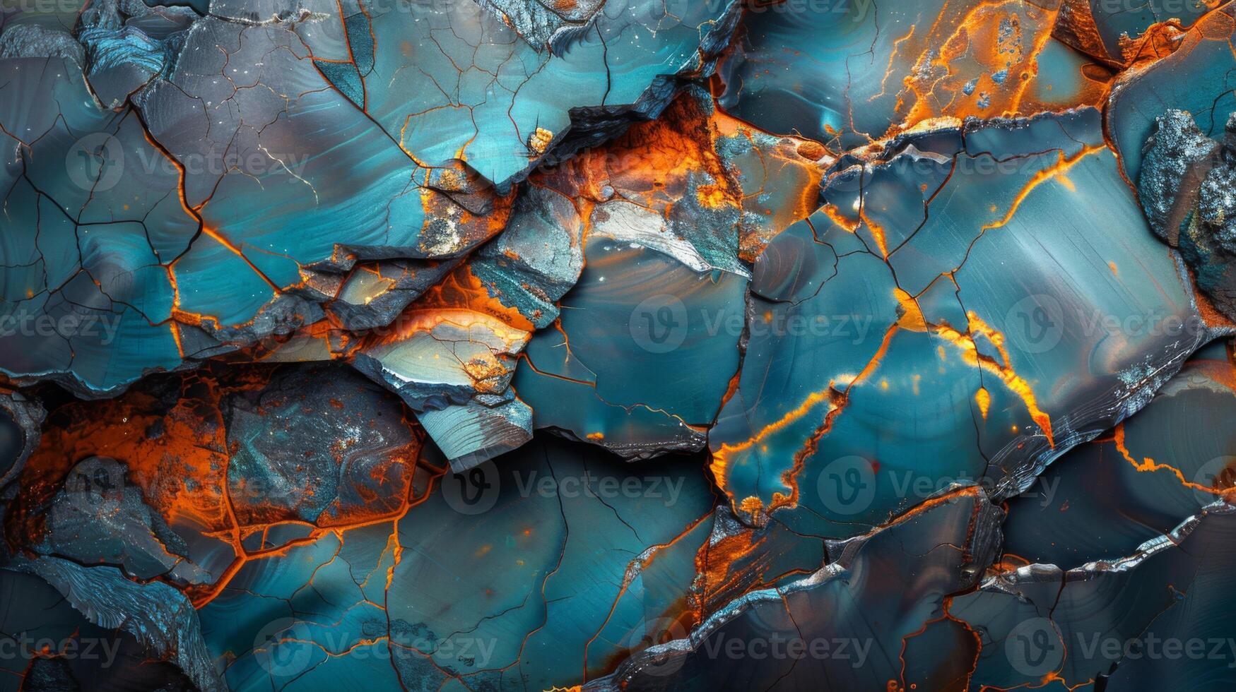 Intricate patterns of vibrant blue and orange hues are displayed in this natural stone, revealing unique textures and crevices. photo