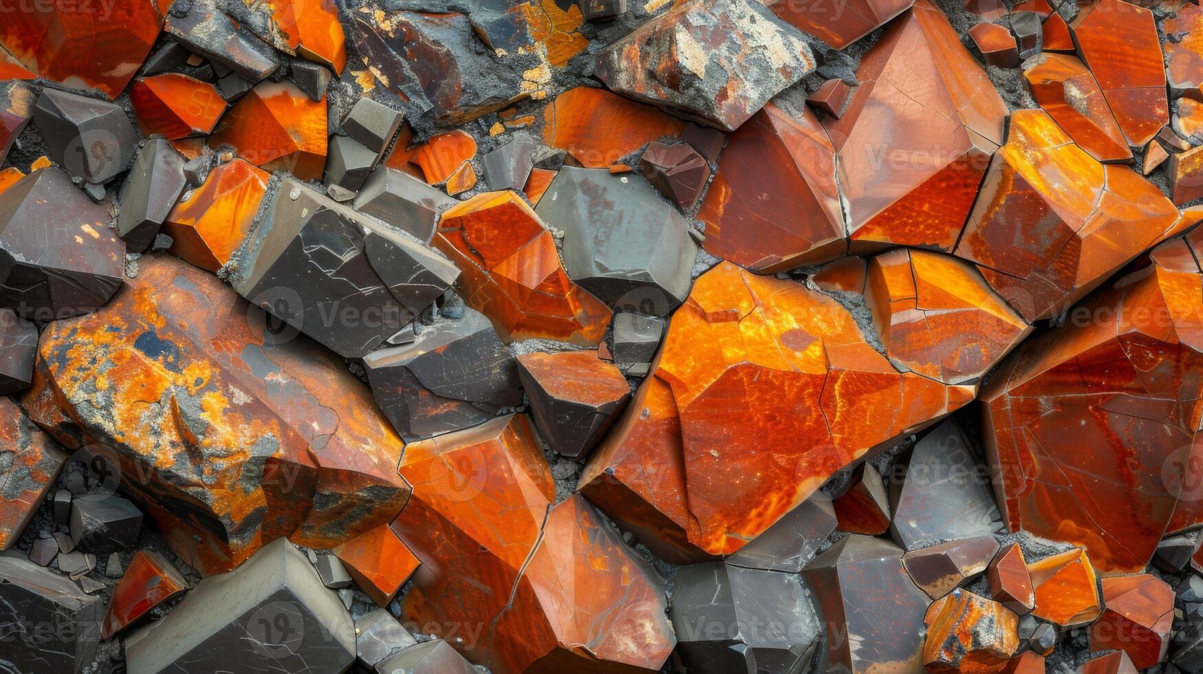 Rich hues of orange and gray create a stunning display of mineral formations on rocky surfaces, revealing intricate textures and patterns illuminated by bright afternoon light. photo