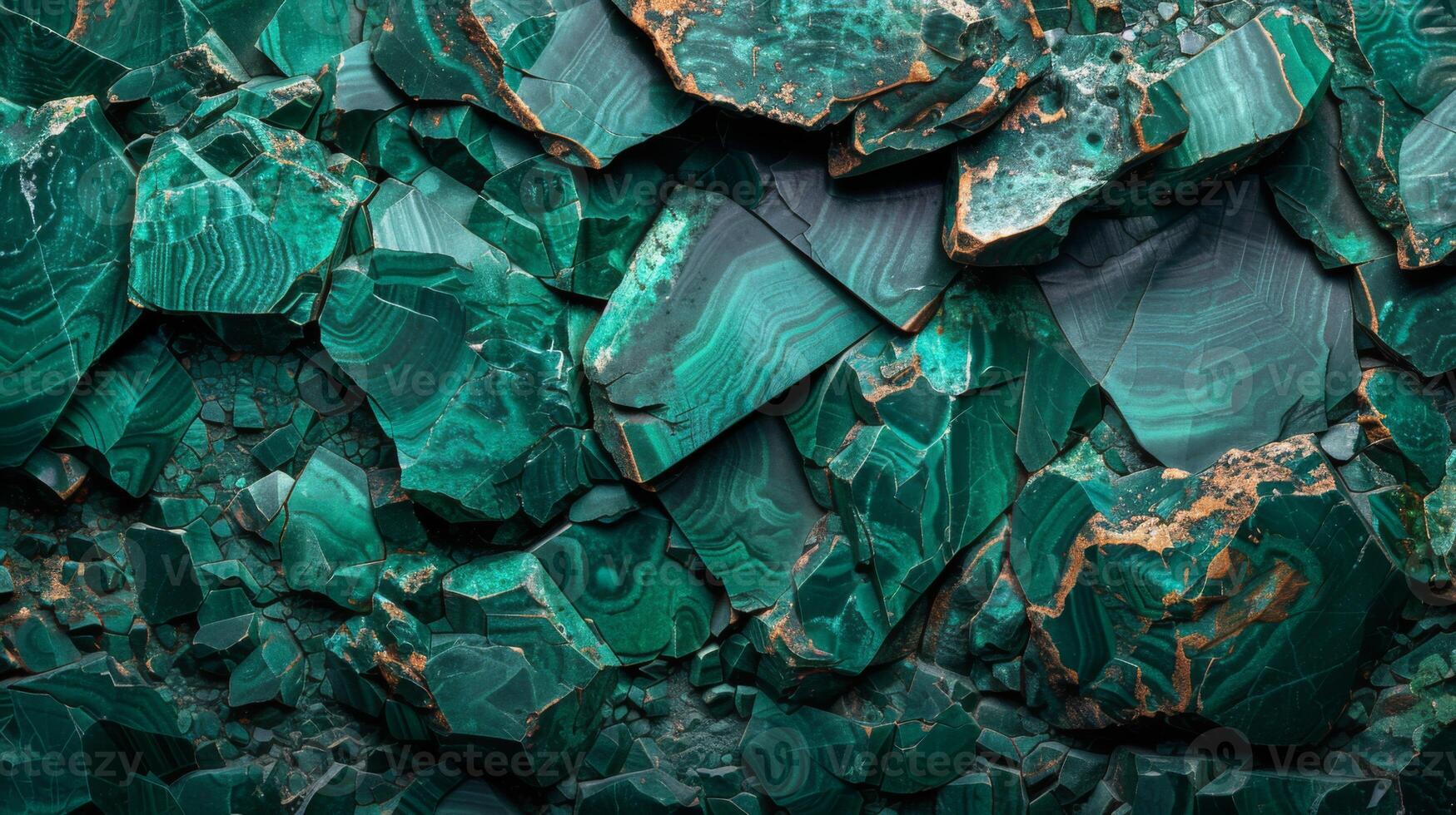 Rich green malachite stones are displayed with intricate patterns and textures. The polished surfaces highlight the mineral's unique formations, creating an eye catching natural display. photo