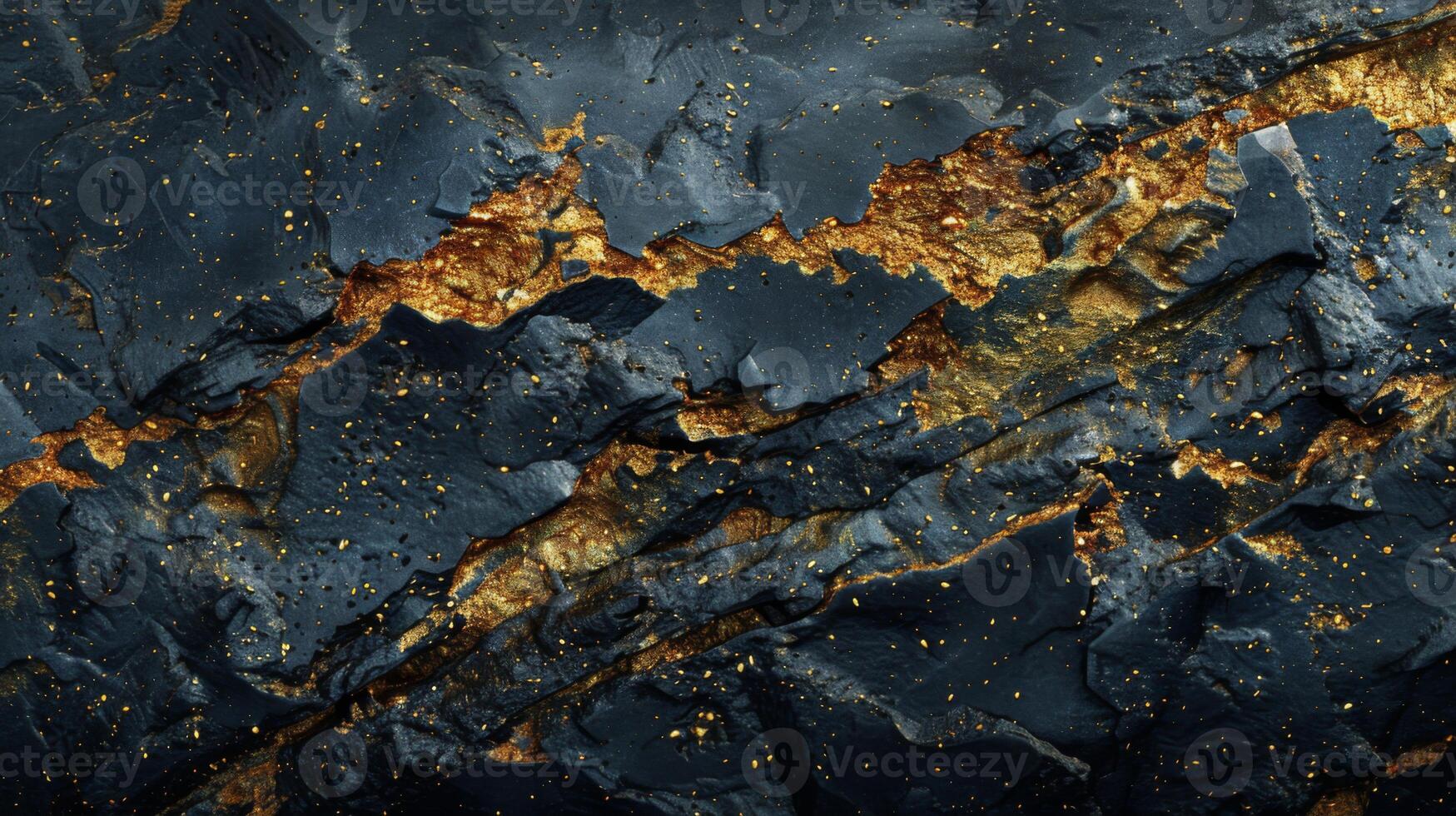 A striking dark surface exhibits golden veins and bright flecks scattered across it. The texture showcases rich geological patterns that resemble natural formations. photo