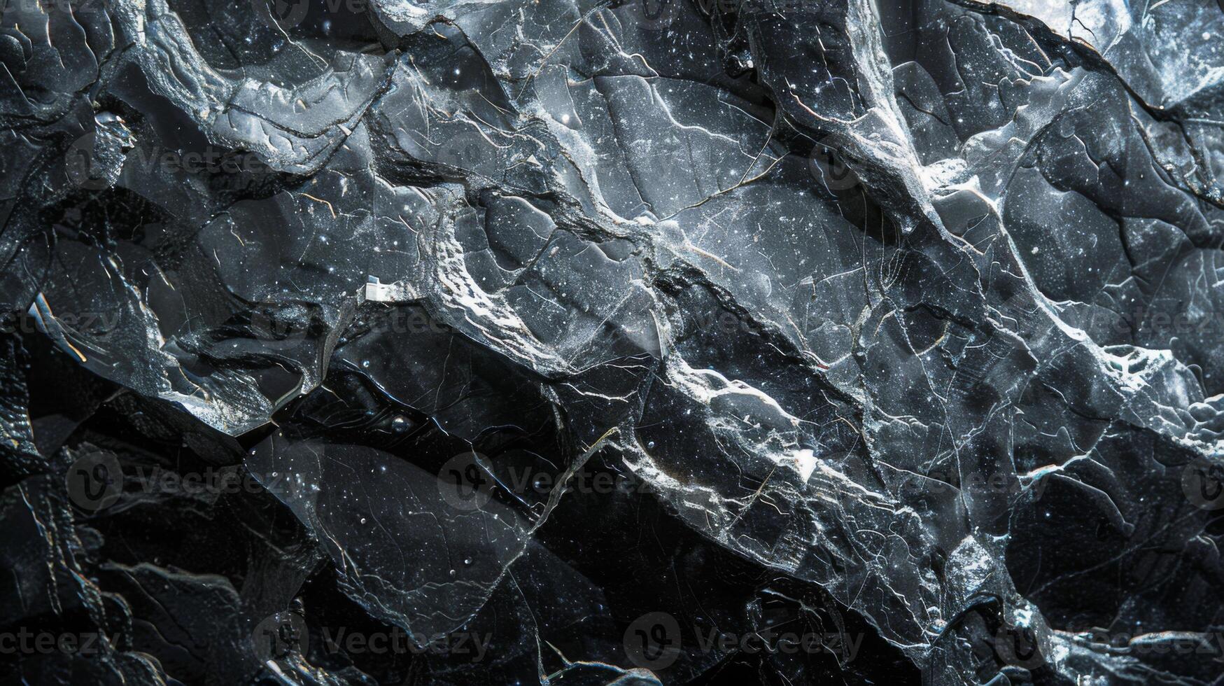 A striking dark marble surface reveals a complex pattern of veining and textures, highlighting the natural elegance and rich variations of the stone suitable for luxury decor and design. photo