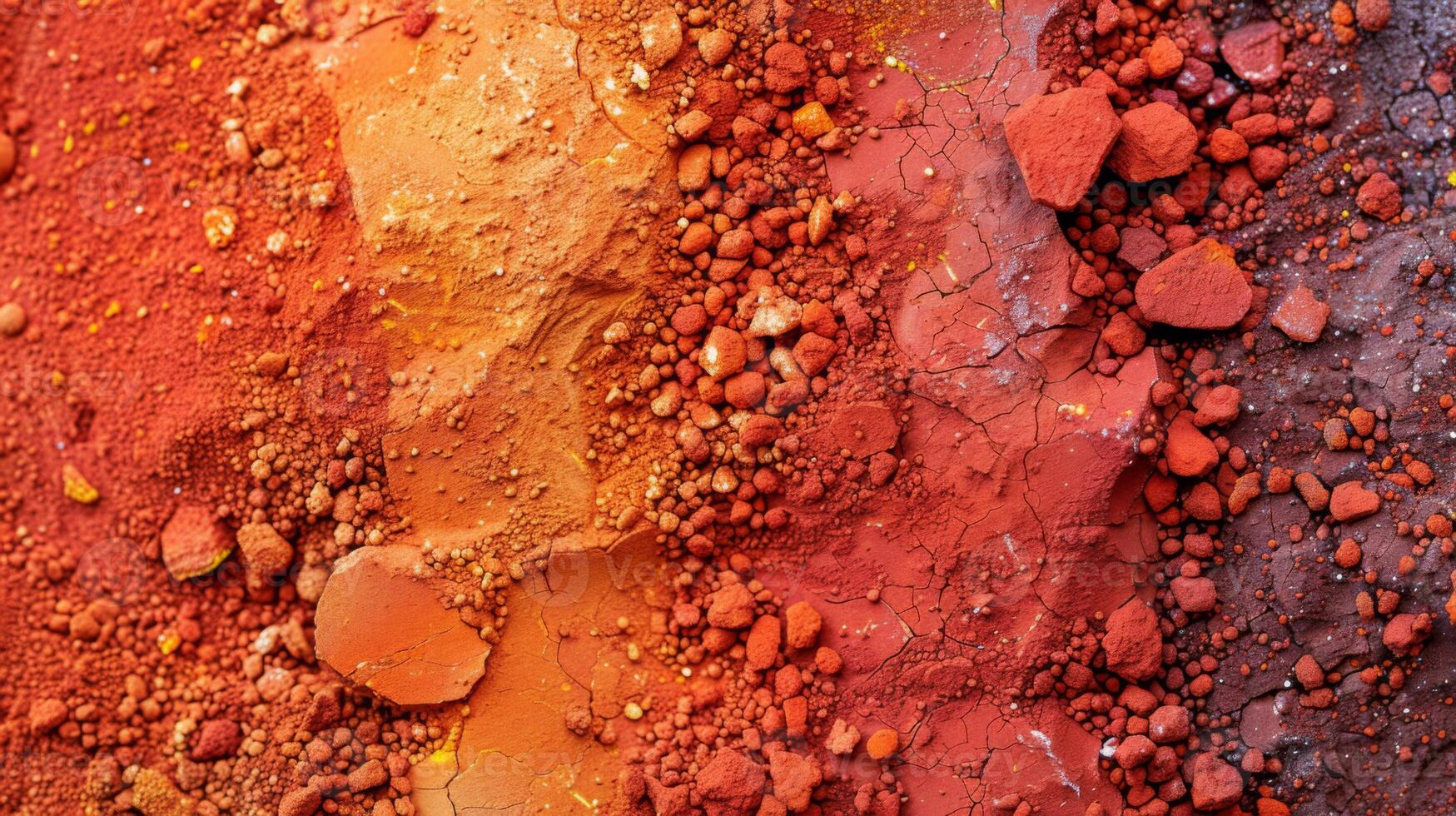 Different shades of red and orange pigments are arranged on a textured surface, creating a vibrant display of natural colors. The pigments vary in size and texture, showcasing earth tones. photo