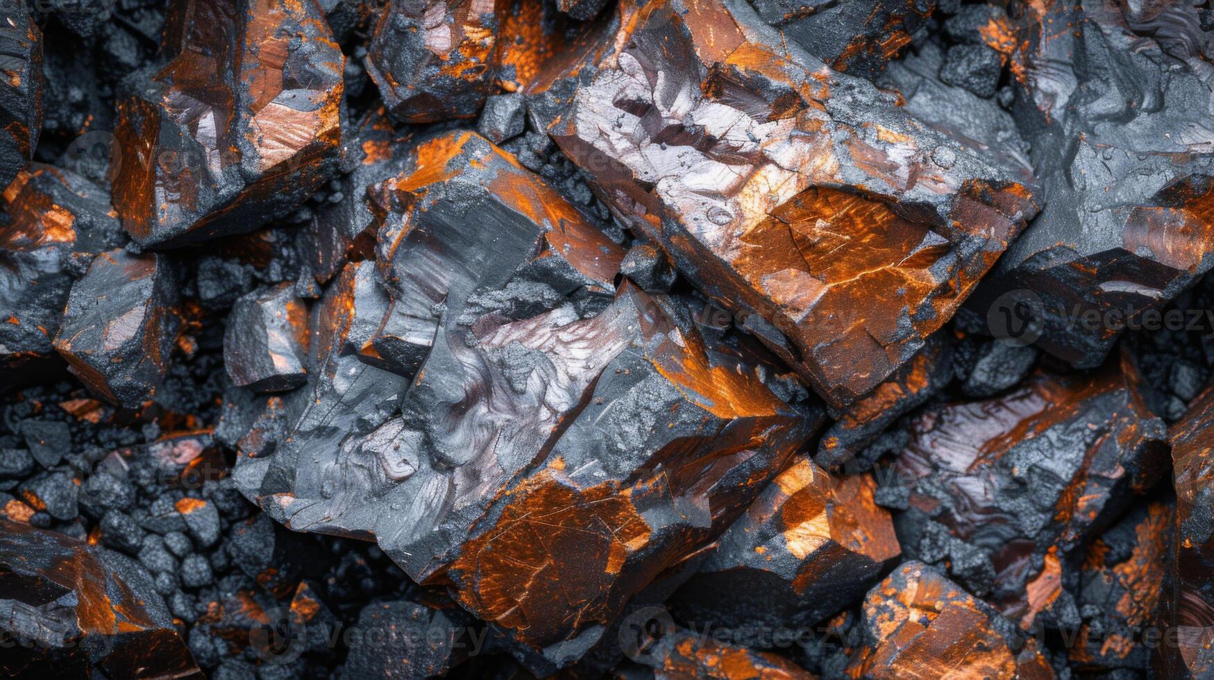 Natural minerals with dark tones and striking orange highlights are closely packed together, showcasing sharp angles and intricate textures under soft lighting. photo