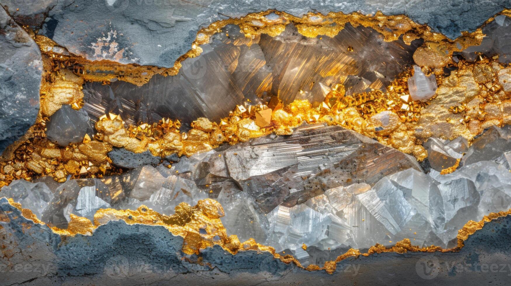 Layers of clear quartz interspersed with striking veins of gold highlight the mineral composition of this rock sample, revealing natural beauty and geological intricacies. photo