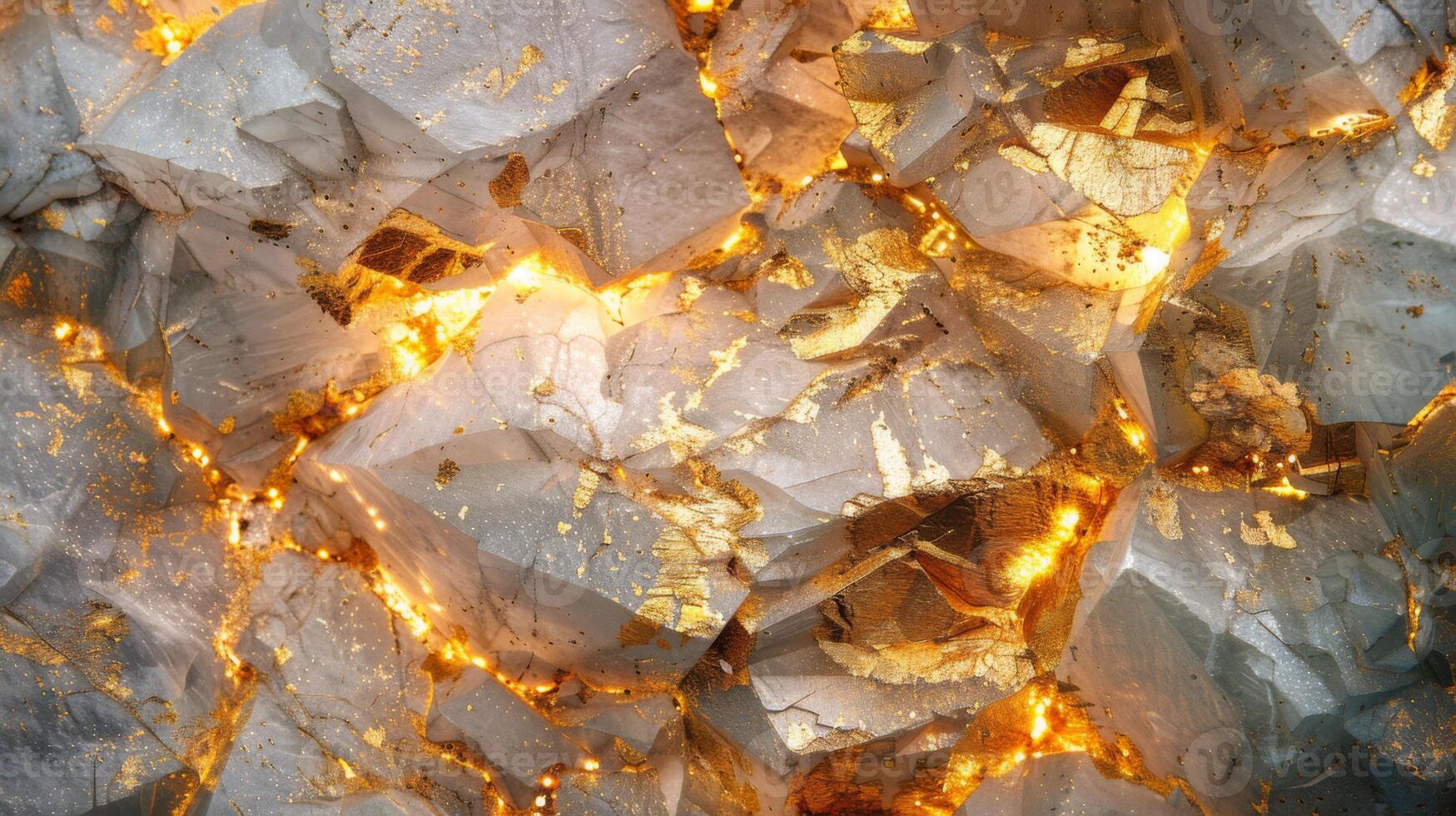 Translucent quartz crystals reveal glowing golden veins, creating a mesmerizing natural pattern that showcases the harmony of geology and light during sunset. photo