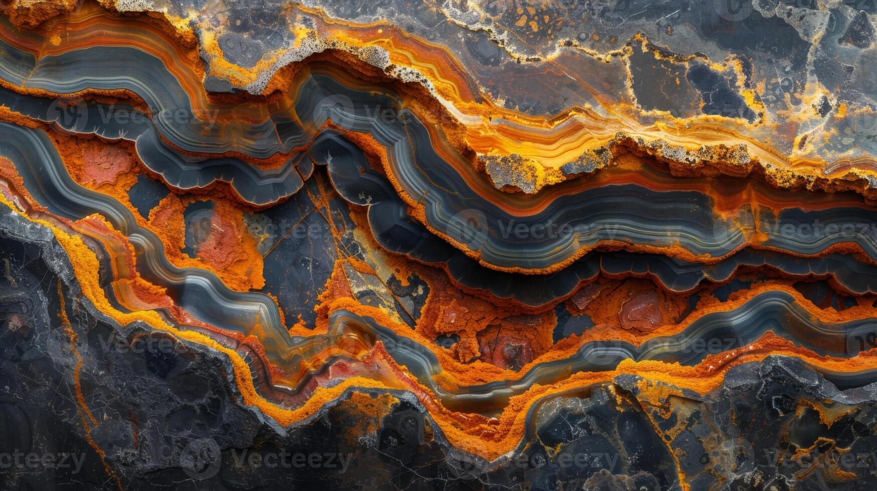 Banded agate stone displays vibrant orange, gray, and black layers, illustrating the natural beauty of mineral formations. This stunning specimen captivates with its unique designs. photo