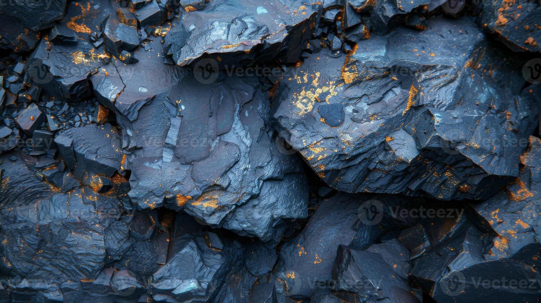 Textured, dark rocks display intricate geological patterns with splashes of orange lichen. photo