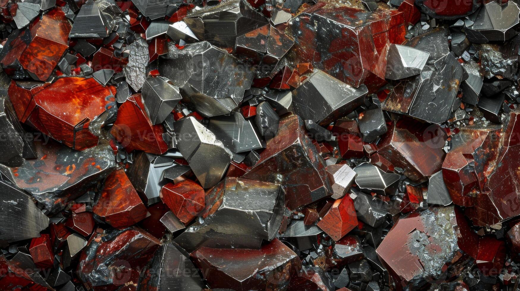 An array of polished gemstones highlights rich colors and diverse textures found in a mineral deposit. The gems display shades of red and black, reflecting light with distinct patterns. photo