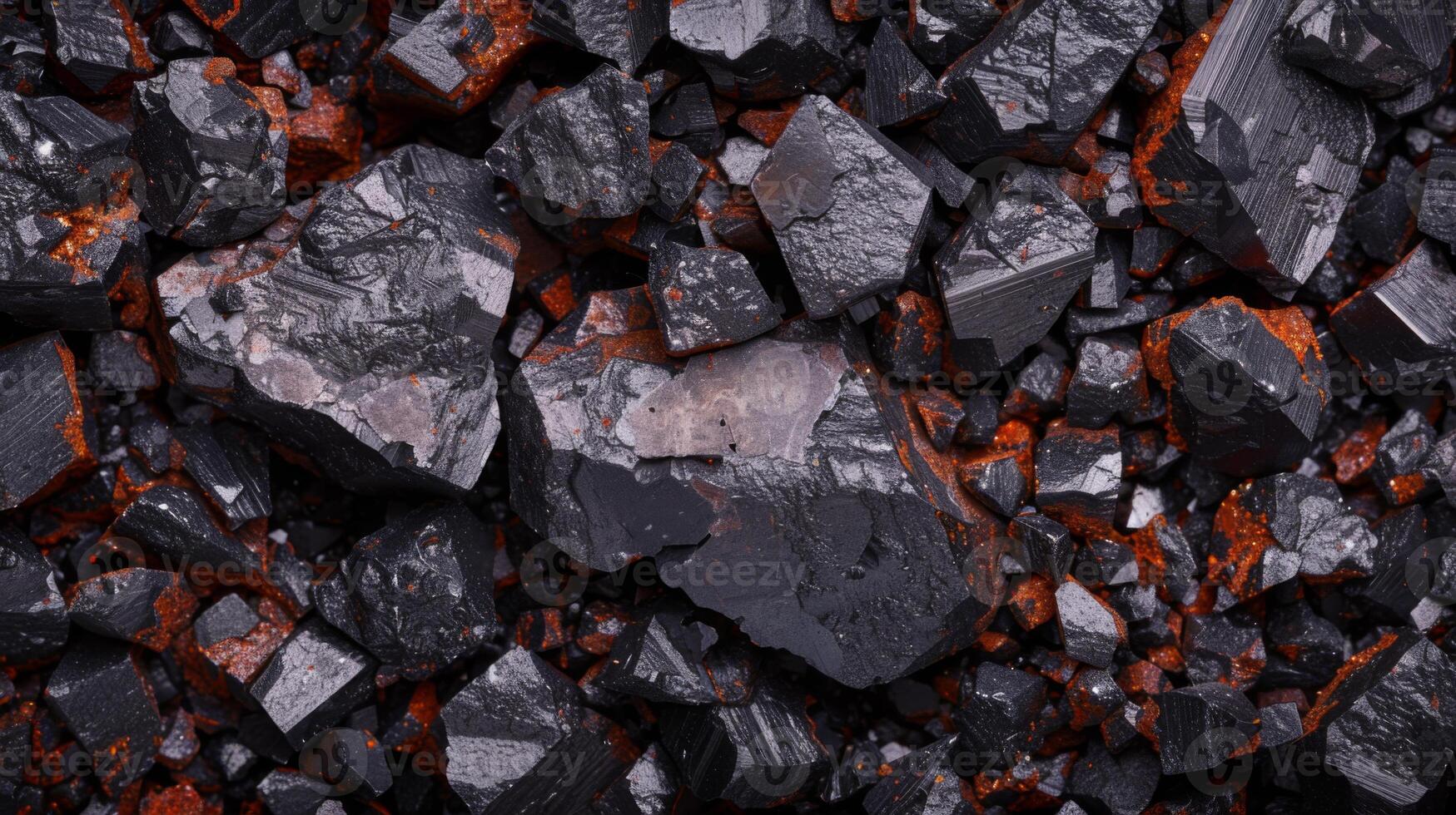 Shiny black mineral fragments resting on a backdrop of vibrant orange sediment create a stunning contrast, showcasing the beauty of natural geology and mineral deposits. photo