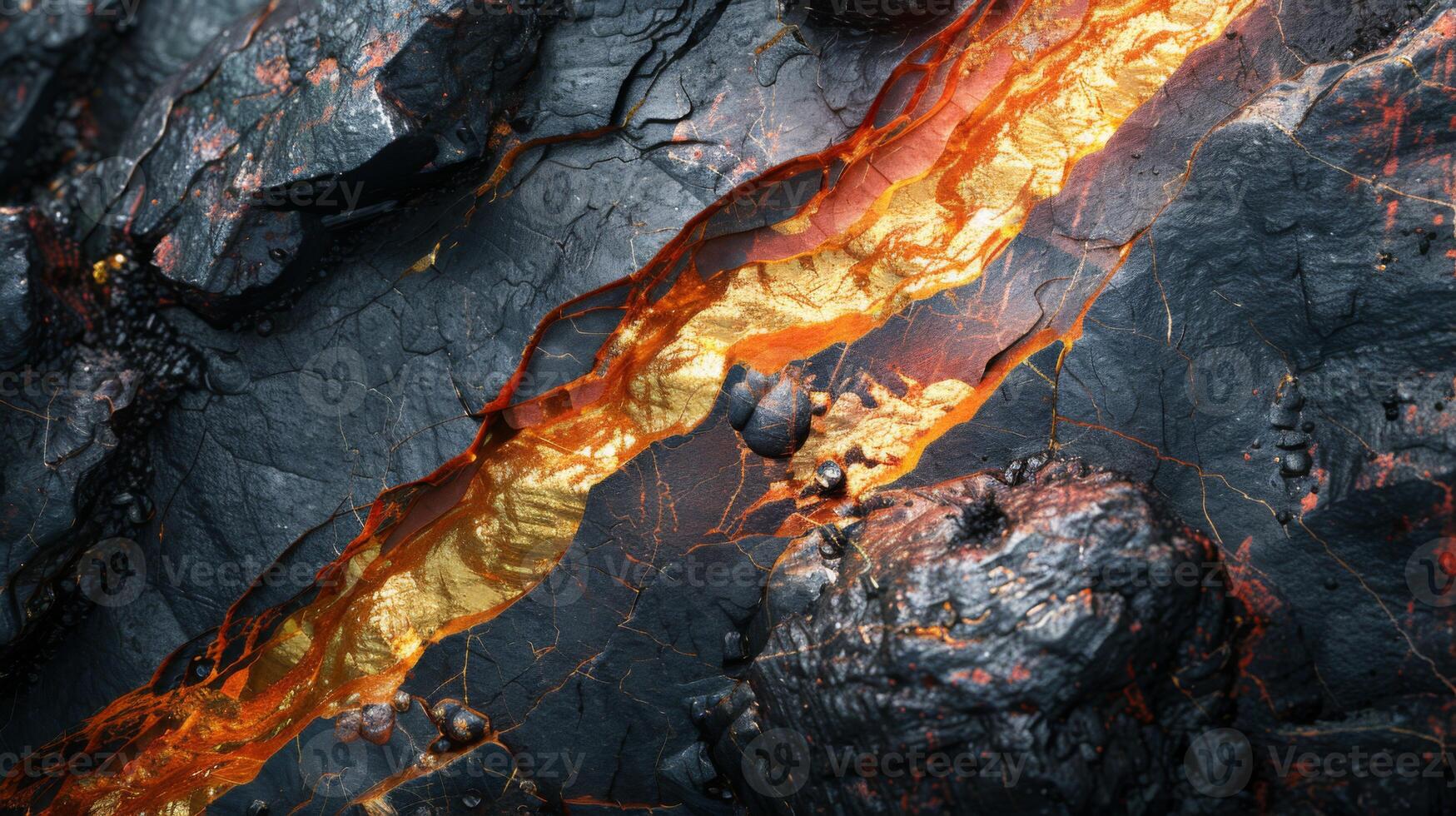 Bright orange lava flows through cracks in rough black volcanic rock, creating striking contrasts and showcasing the raw power of nature during an eruption. photo