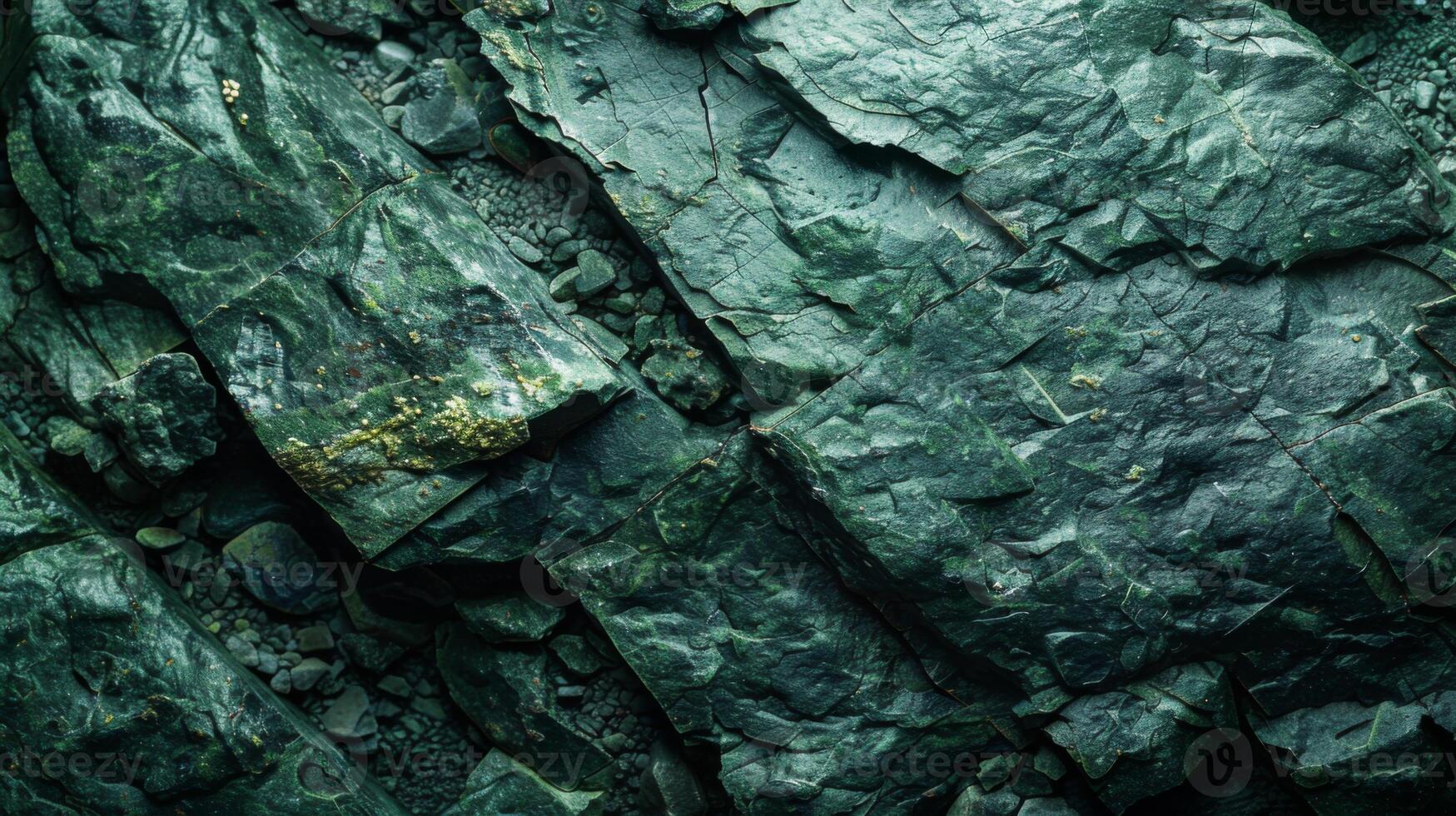 Close up view of a textured green rock surface reveals intricate layers and patterns, highlighting the natural beauty of geological formations at a tranquil outdoor site. photo