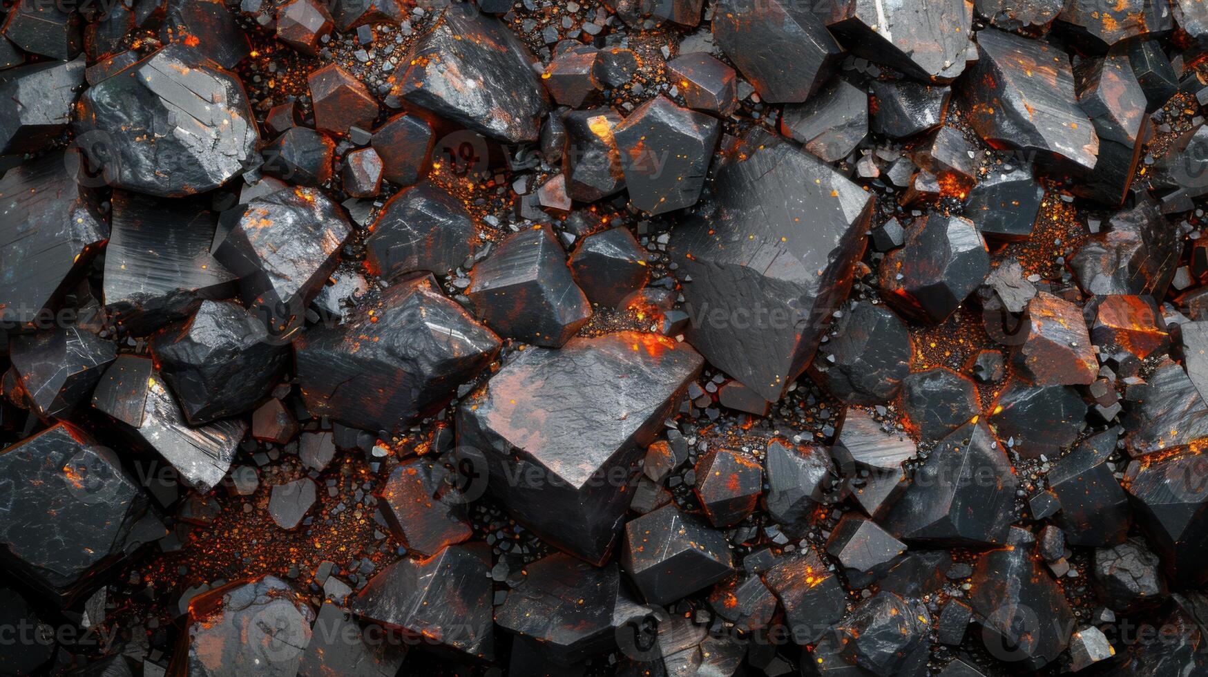 A collection of dark volcanic rocks with angular shapes and textured surfaces, speckled with hints of orange, set against a gritty background of smaller stones and minerals. photo