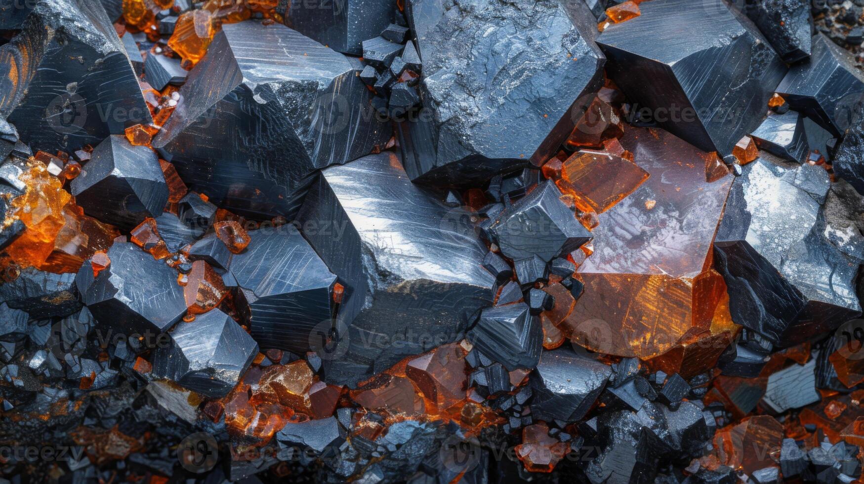 An intricate arrangement of sharp black and vibrant orange crystals creates a fascinating visual. The contrasting colors highlight the beauty of these minerals in their natural habitat. photo