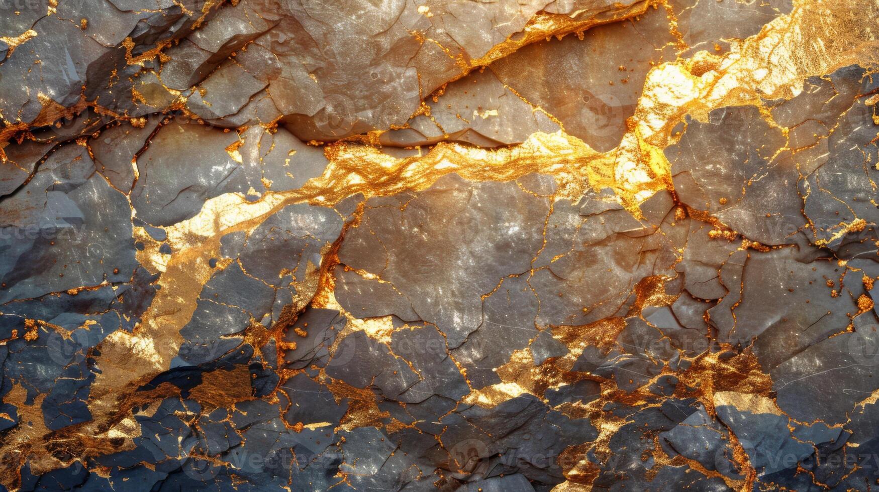 The rocky surface reveals intricate patterns of gold veins interwoven with dark gray stone, showcasing a captivating blend of colors and textures in natural light. photo