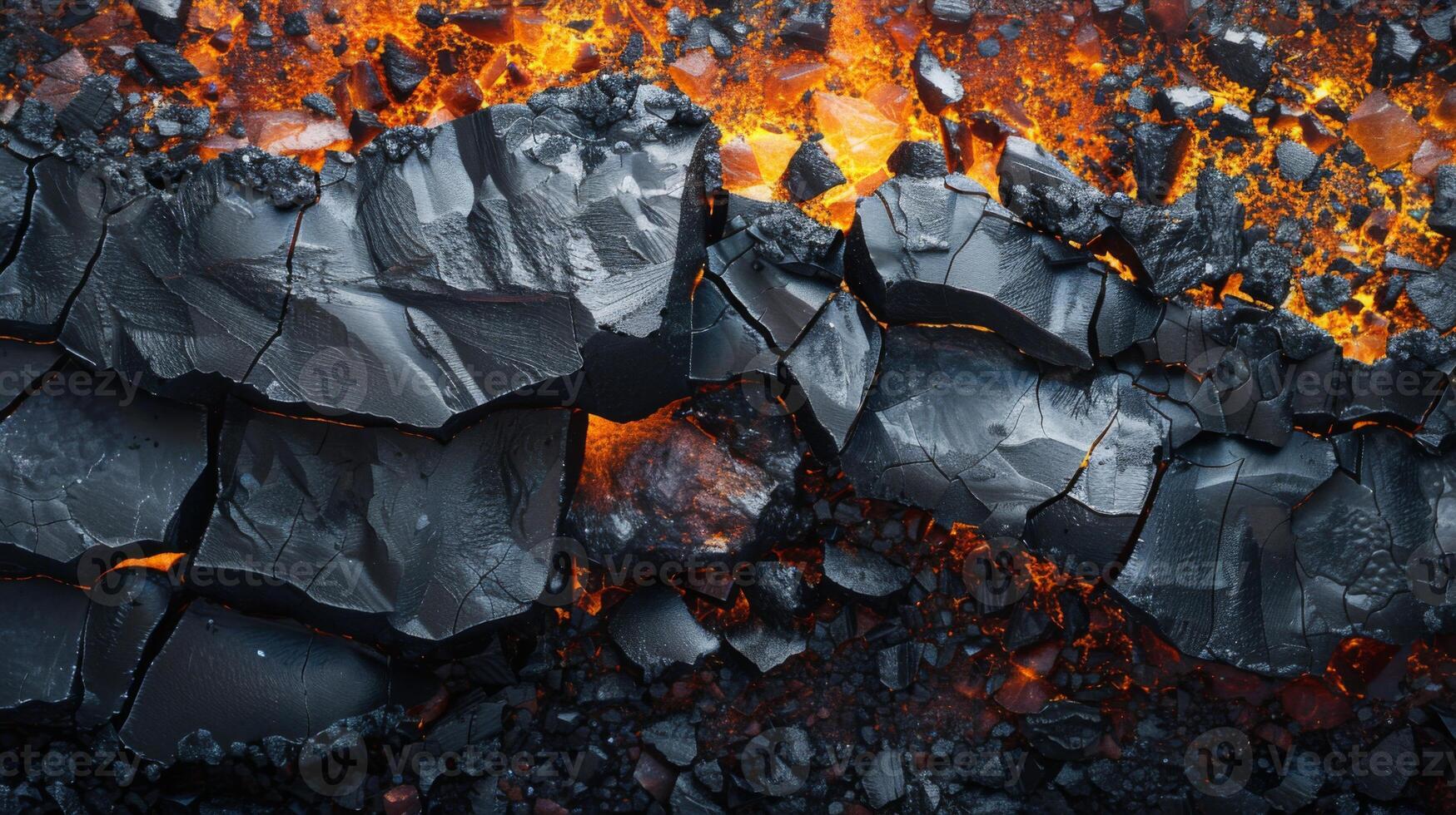 Glowing lava flows through jagged black rock formations, showcasing the intense heat and energy of an active volcano, as the sky transitions to shades of orange and purple photo