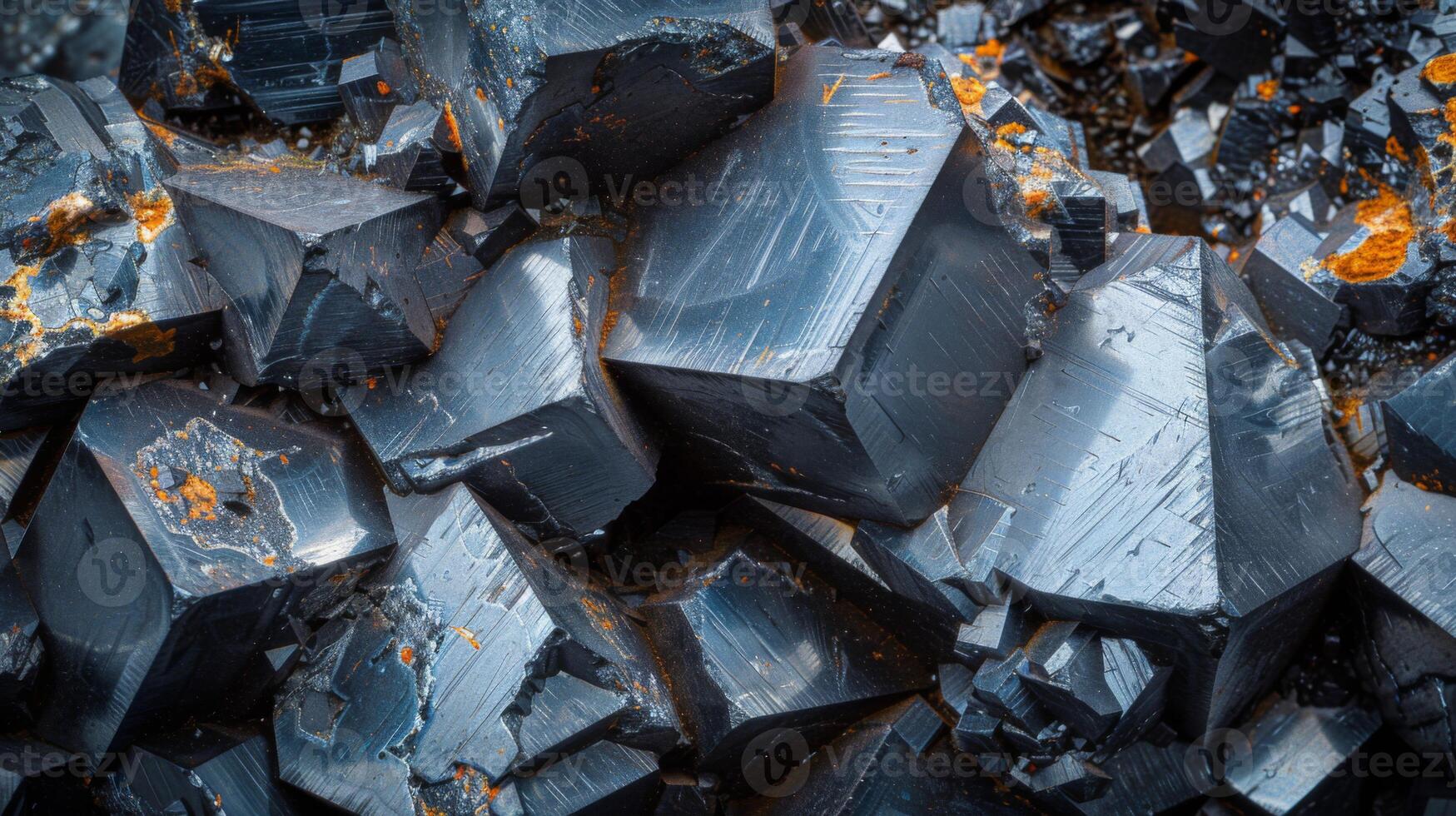 Shimmering black crystals with sharp edges capture the light, revealing unique textures and mineral deposits in a close up view of geological wonders. photo