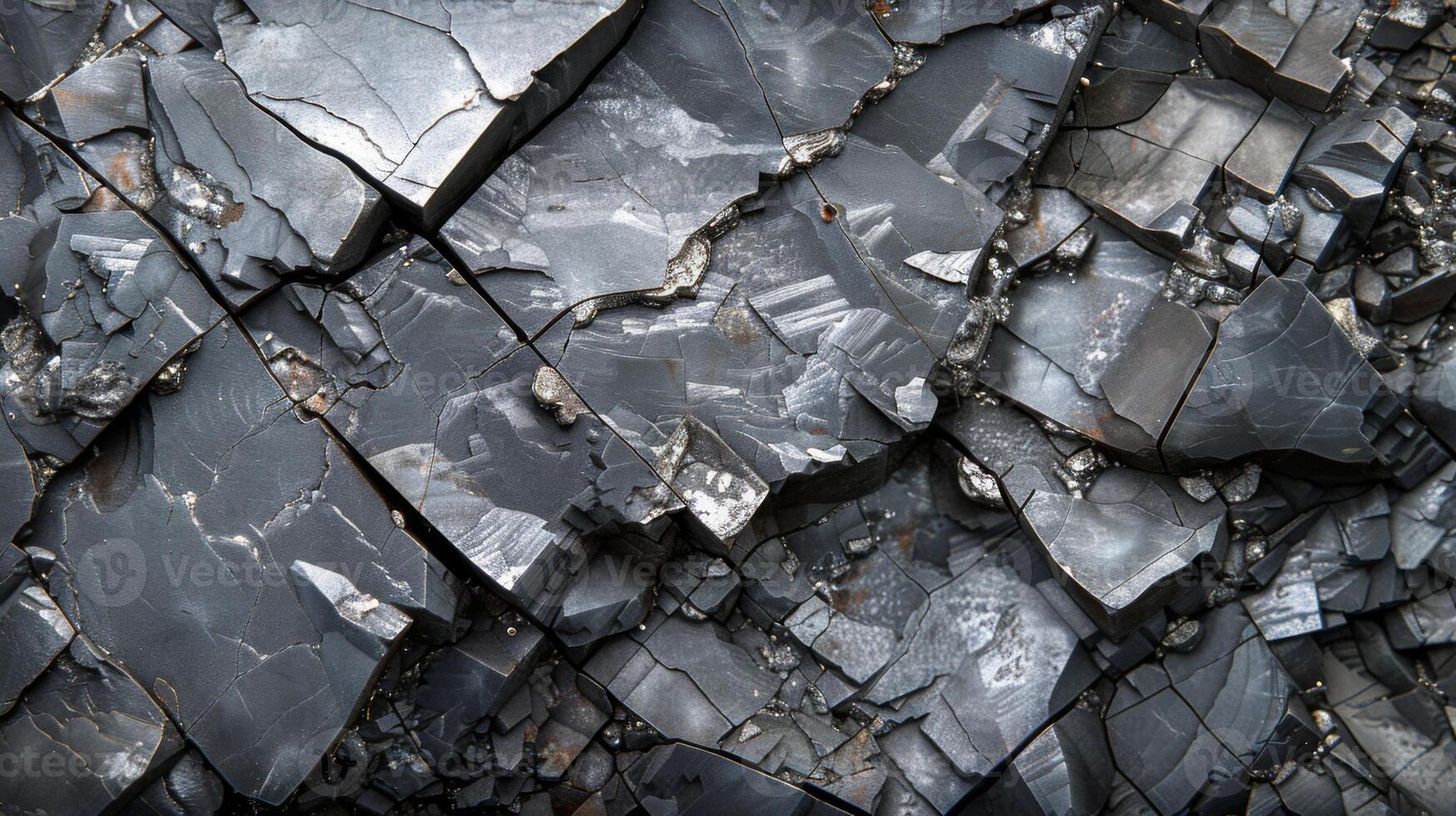 The rugged surface displays angular pieces of black volcanic rock, with distinct layers and a glossy finish, illustrating the geological evolution of the area. photo