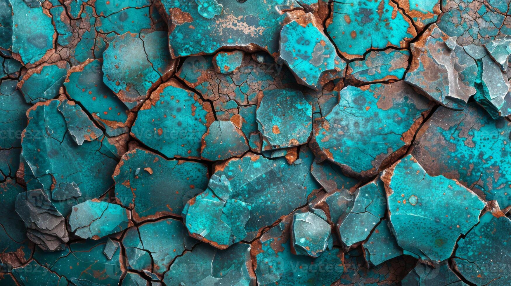 A turquoise surface shows significant wear with cracked and peeling paint, showcasing various textures and rich colors that reflect the passage of time and exposure to elements. photo