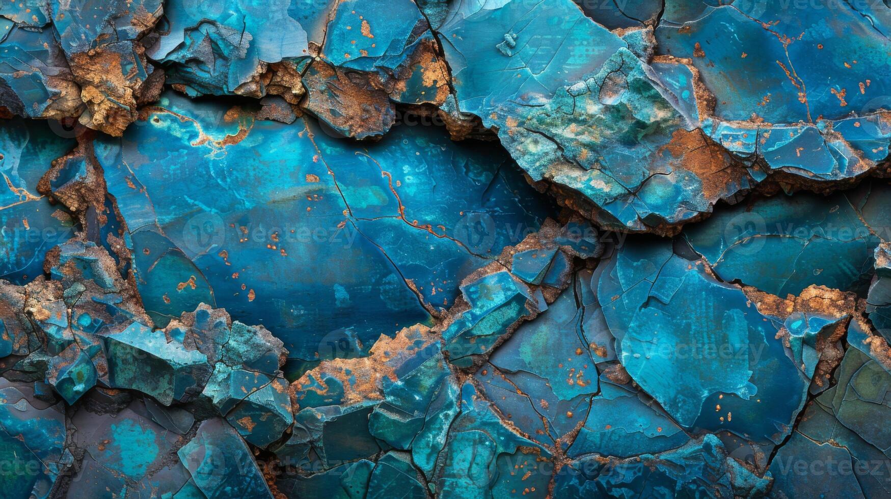 Close up view of a vibrant turquoise mineral rock showing a range of textures and colors. The rough surface reveals intricate patterns characteristic of mineral formations. photo