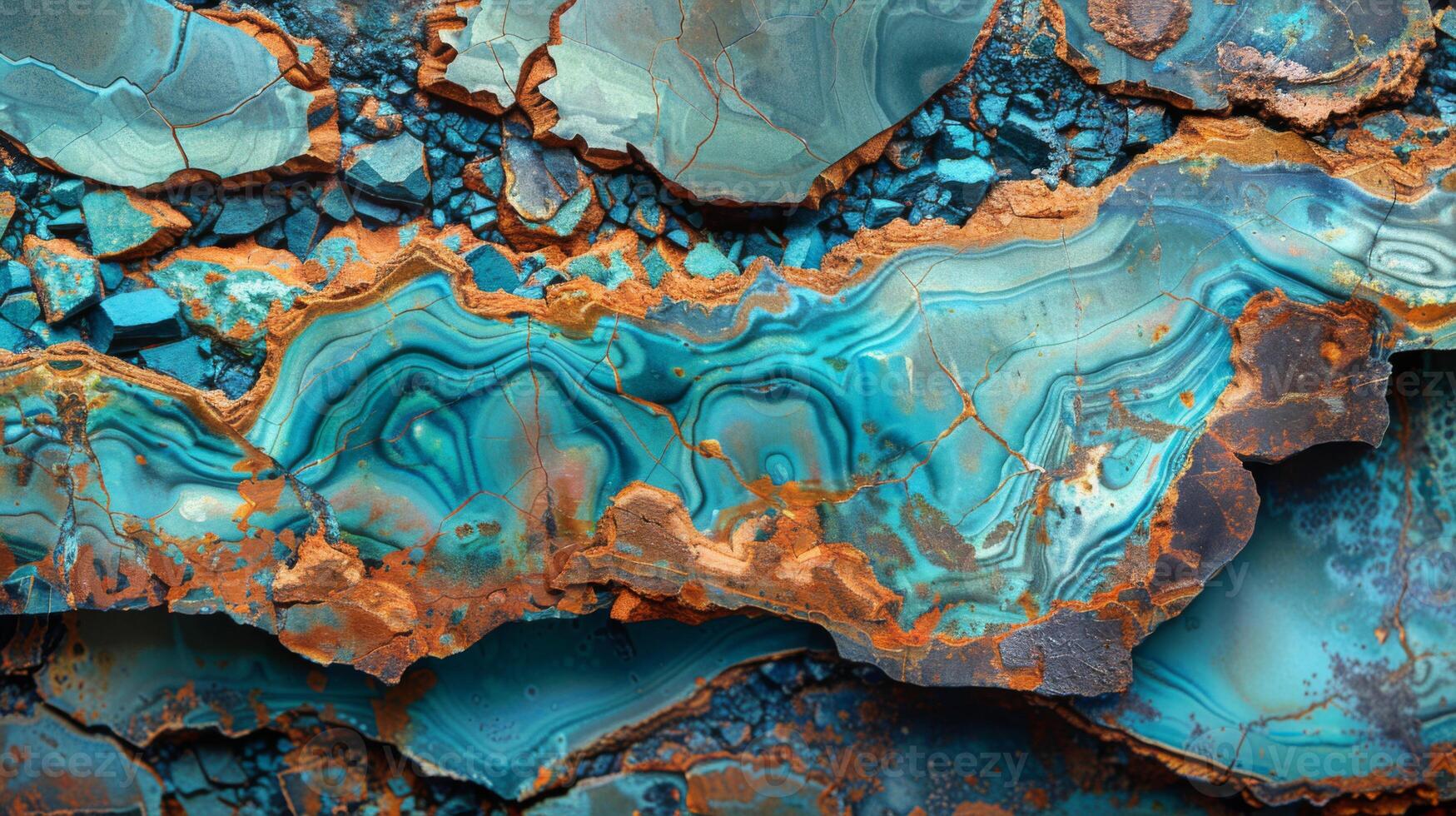 Vibrant and colorful layers of agate reveal a rich tapestry of turquoise and copper hues, showcasing natural beauty and geological wonders in a remote location photo
