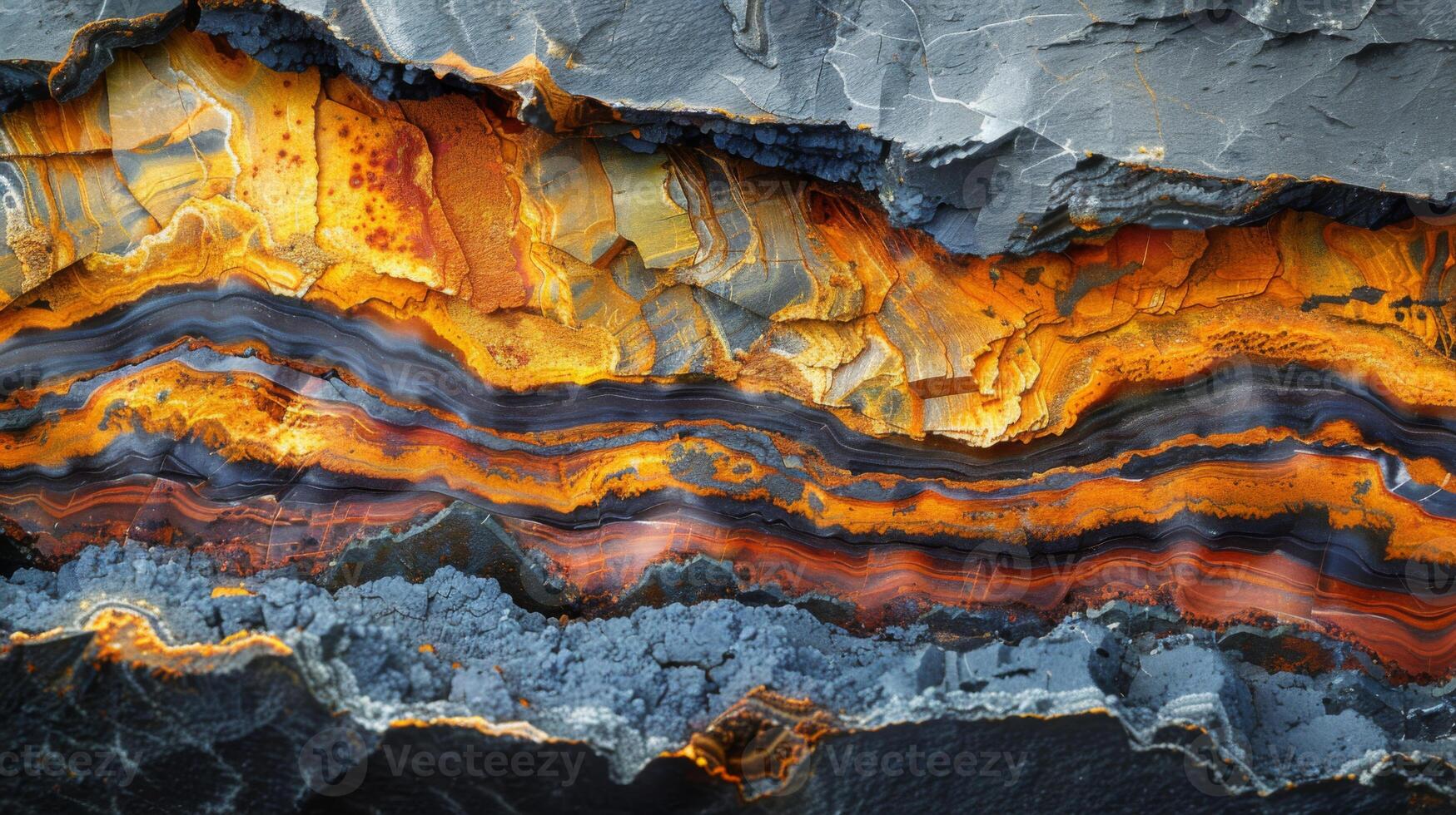 Striking layers of minerals reveal a stunning display of orange, yellow, and gray, showcasing nature's artistry in a beautiful geological setting over time. photo
