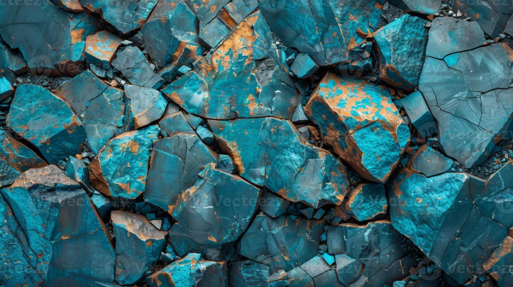 Intricate blue and orange mineral rocks cover the ground, displaying unique patterns and textures that highlight natural geological formations under bright sunlight. photo