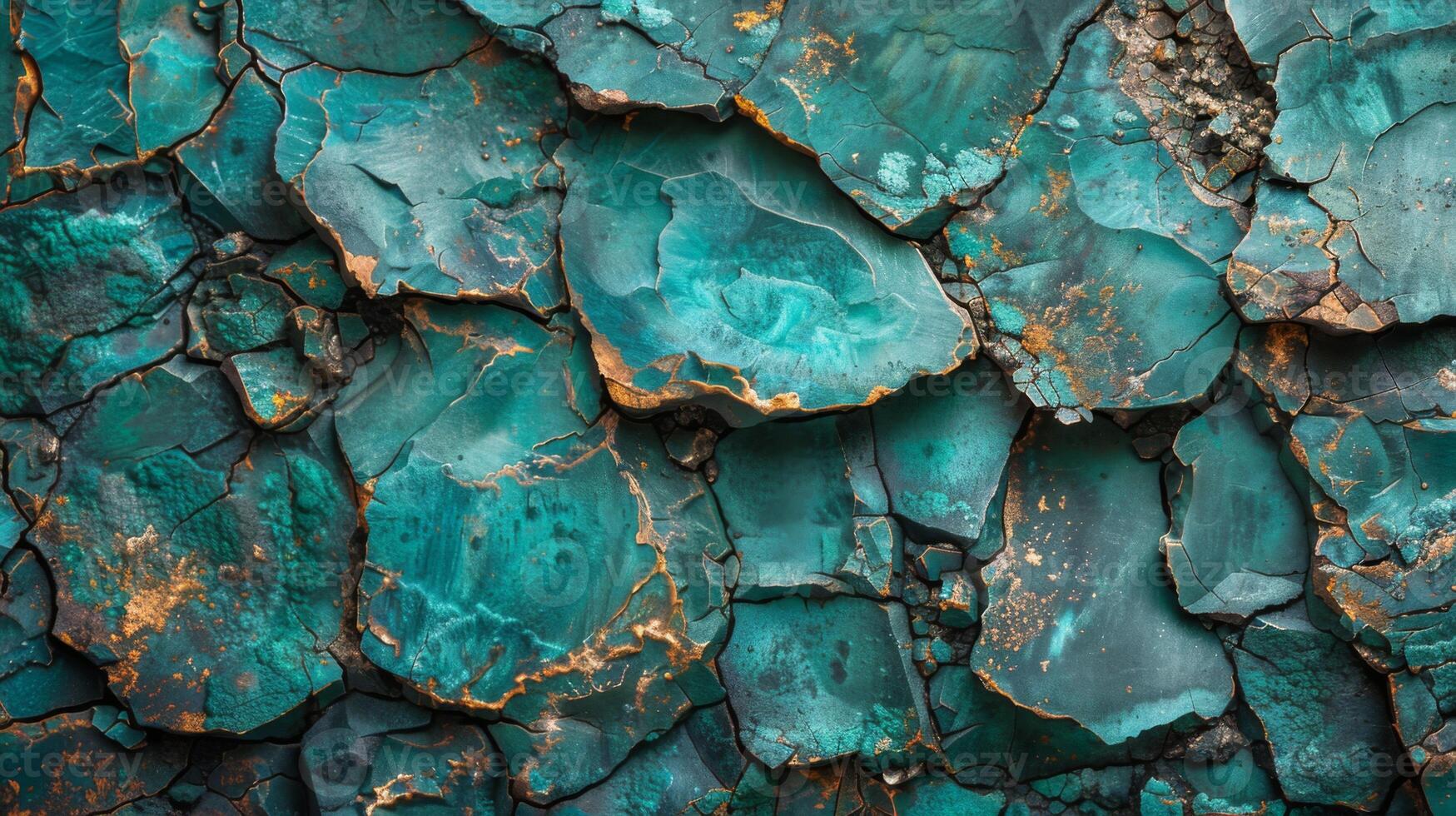 Textured surface of cracked turquoise stone showcases a beautiful array of colors and patterns, highlighting the natural beauty and complexity of geological formations. photo