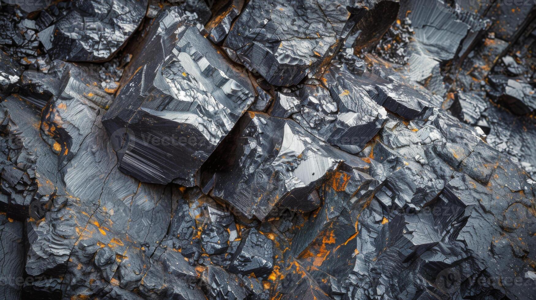 Shiny black mineral rocks with sharp edges are featured in a close up view, highlighting their unique textures and vibrant orange hues among black surfaces in natural light. photo