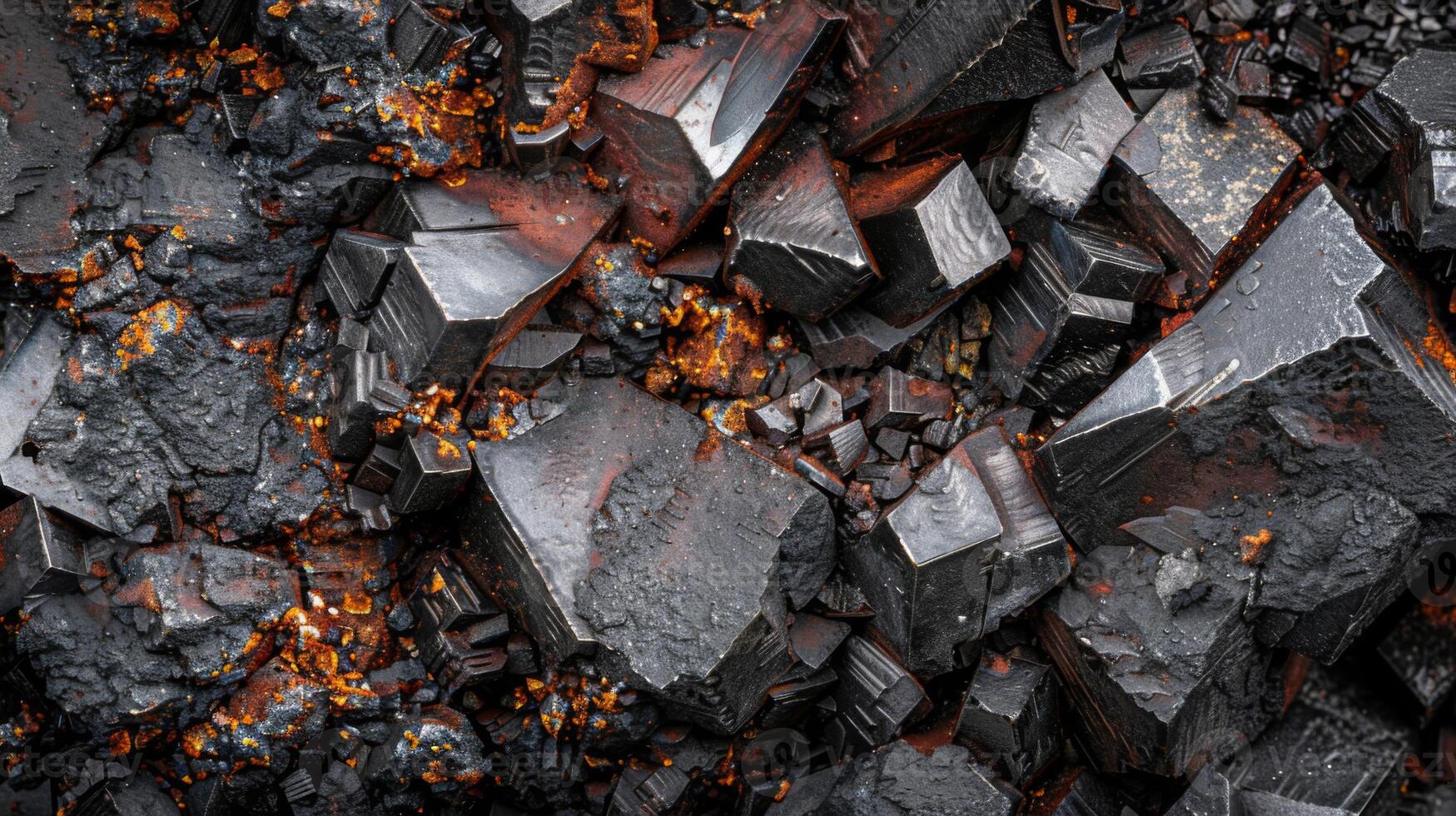 The focus is on a collection of shiny black mineral crystals, reflecting light and showing bright orange inclusions, revealing geological complexity and beauty in nature. photo