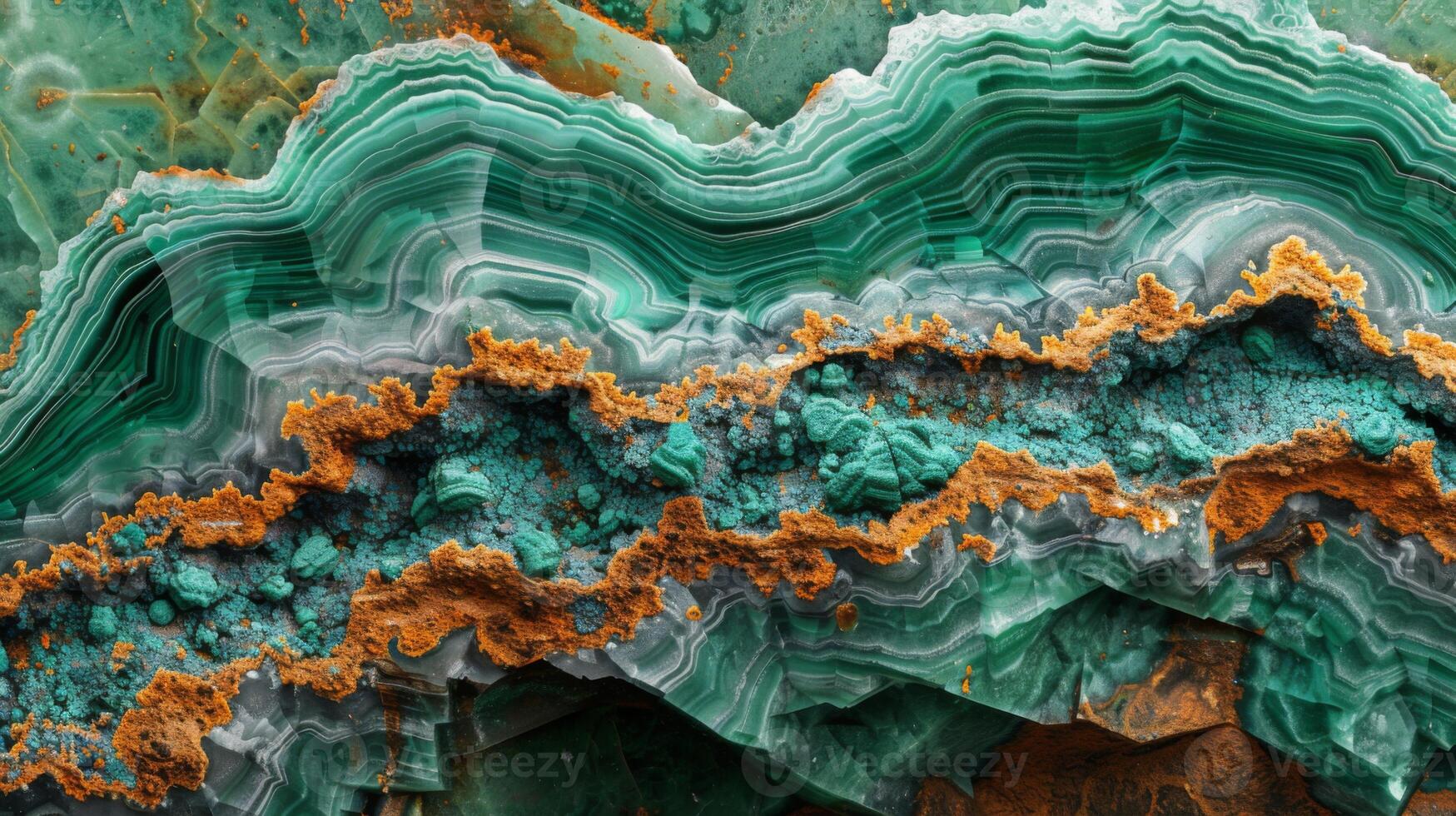 This artwork features intricate layers of malachite in varying shades of green, interspersed with bright orange textures, illustrating the uniqueness of geological formations. photo