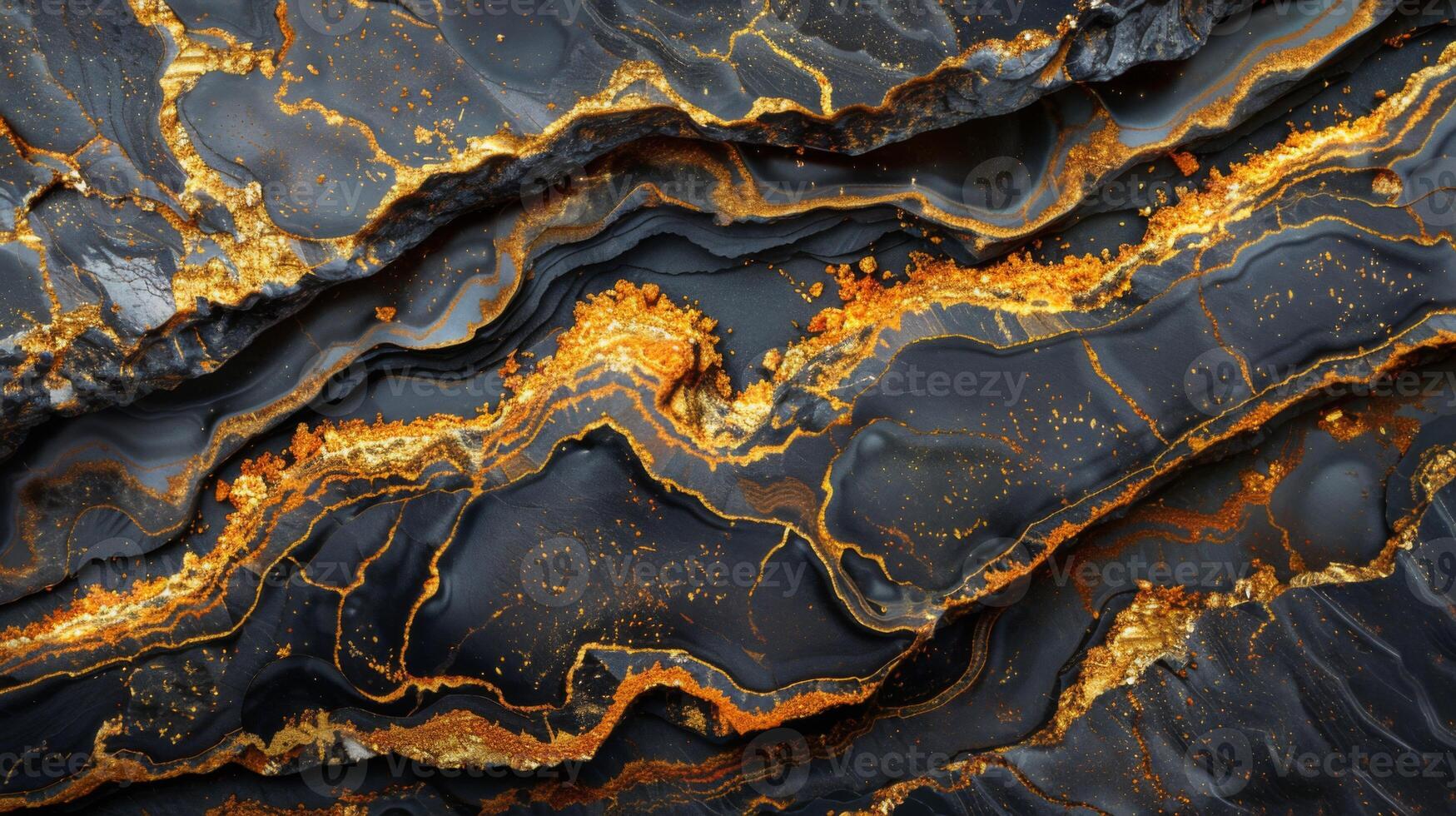 This captivating view reveals striking black and gold mineral patterns, highlighting the intricate beauty and textures of a natural geological formation. photo