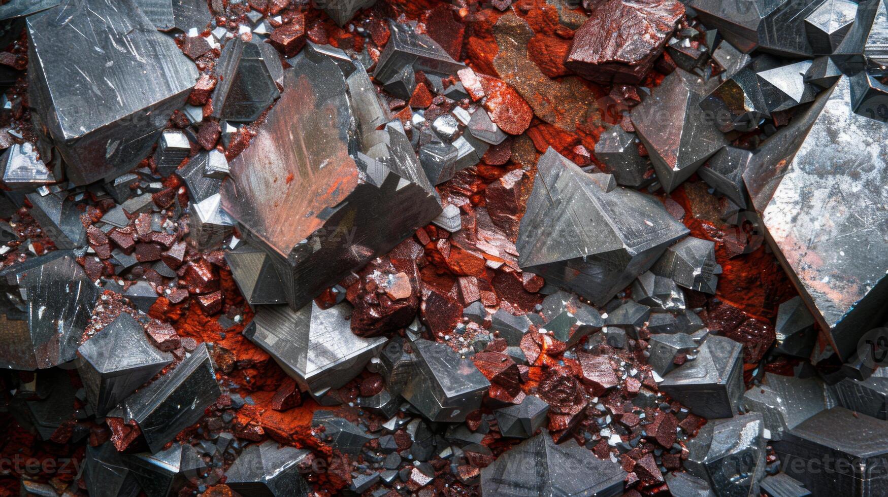 Complex arrangement of metallic black and red minerals showcases various crystal shapes with sharp edges, highlighting the beauty of natural geology in bright lighting. photo