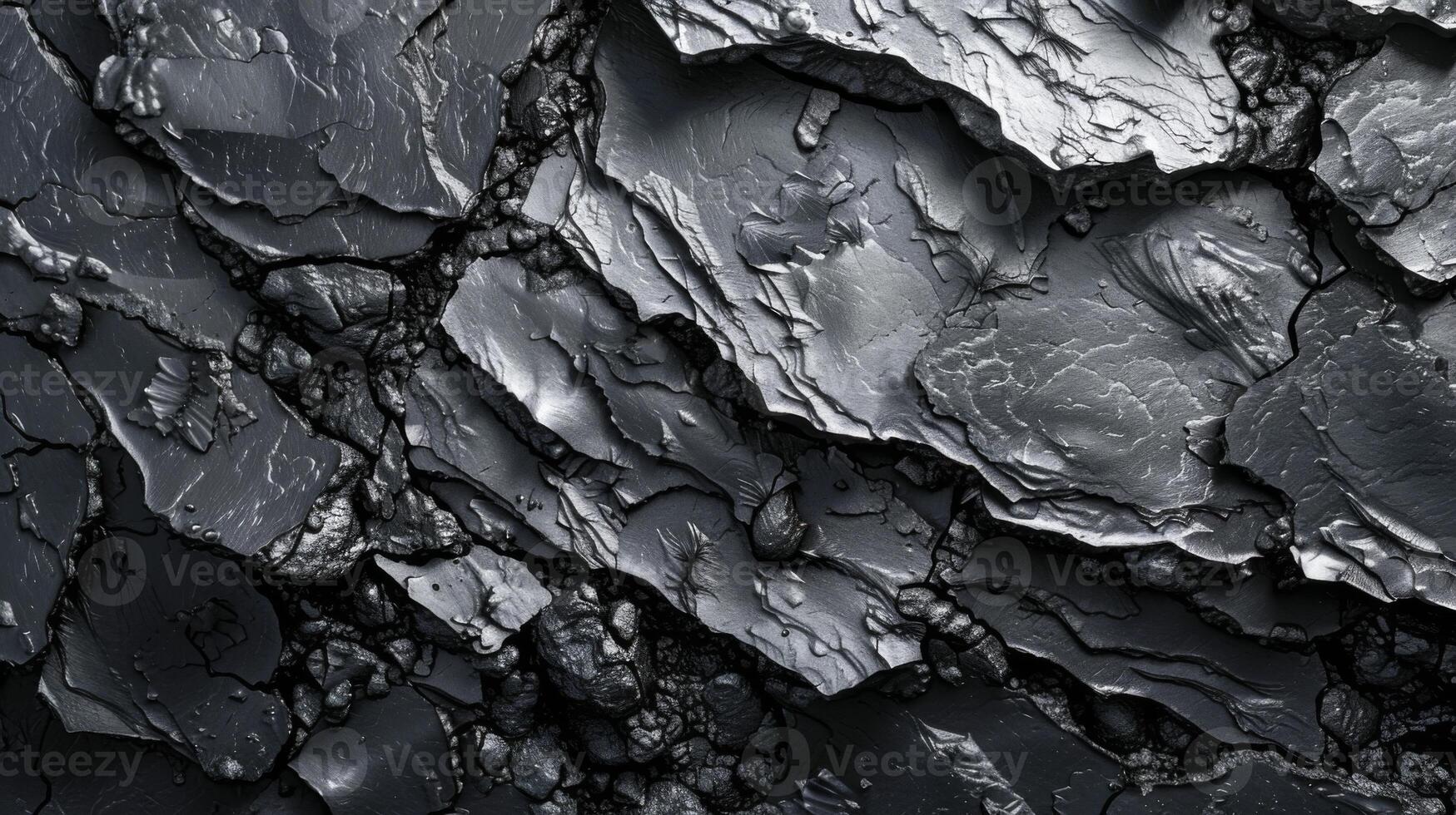 Layered dark slate rocks create a textured surface with natural shine, showcasing the beauty of geology in a rugged outdoor environment under overcast skies. photo