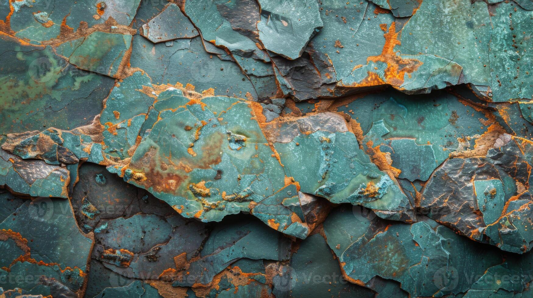 The surface displays vibrant teal and orange hues with cracks and peeling sections, showcasing the natural wear and age in an outdoor environment under daylight. photo