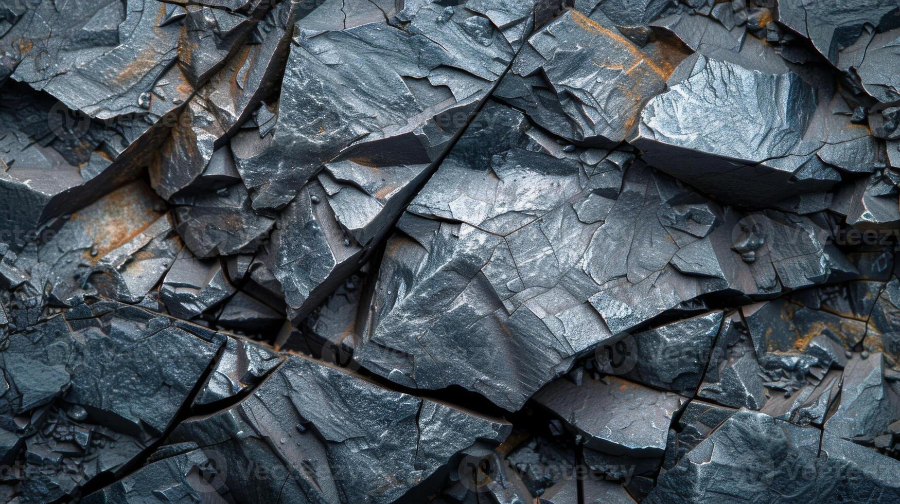 Broken pieces of gray slate rock create a textured surface, highlighting the angular shapes and diverse shades of gray. The natural mineral patterns add visual interest and depth. photo