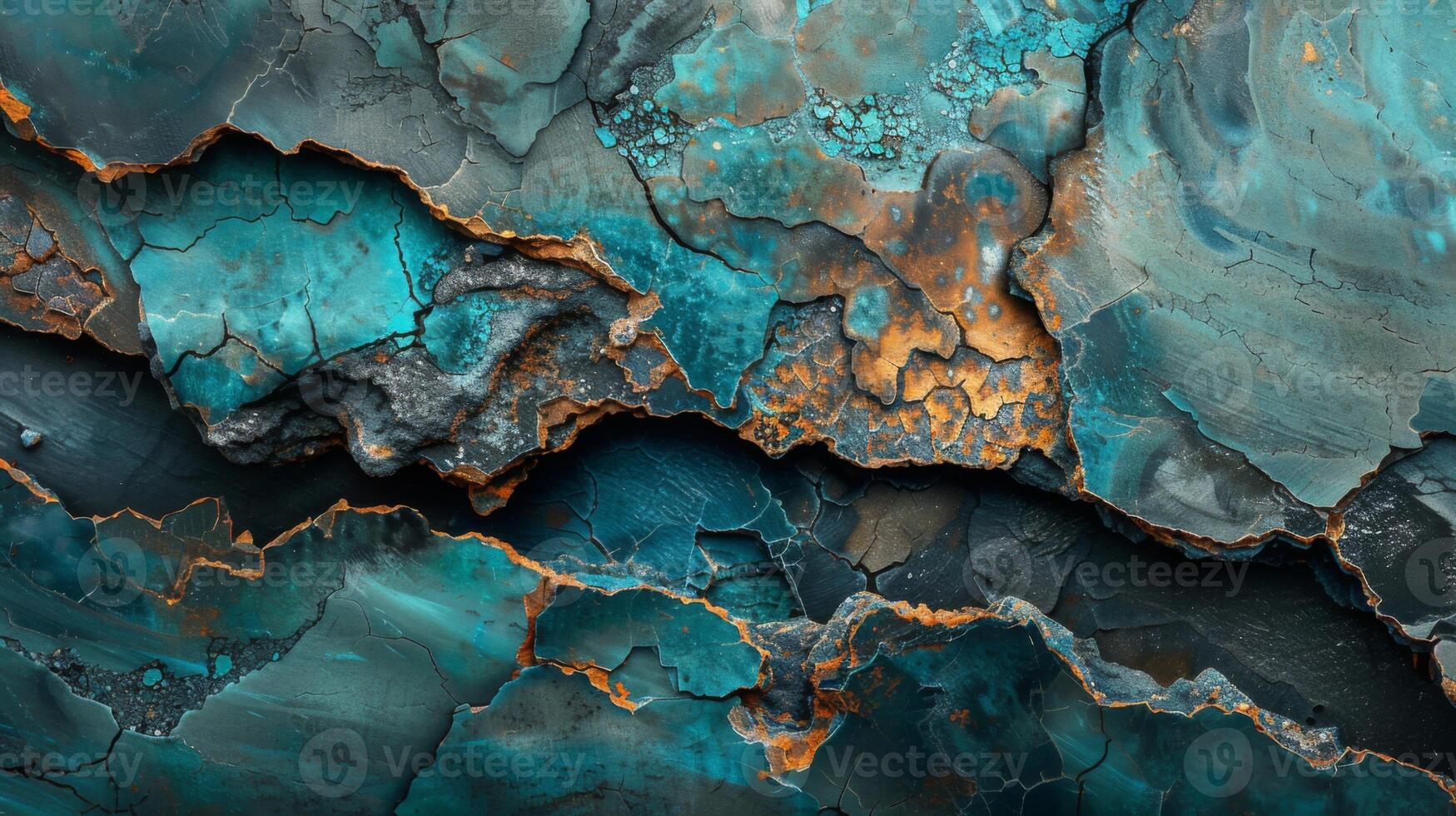 Striking layers of turquoise, gray, and orange textures form a captivating abstract pattern resembling a rocky landscape at sunrise. The interplay of colors highlights natural beauty. photo